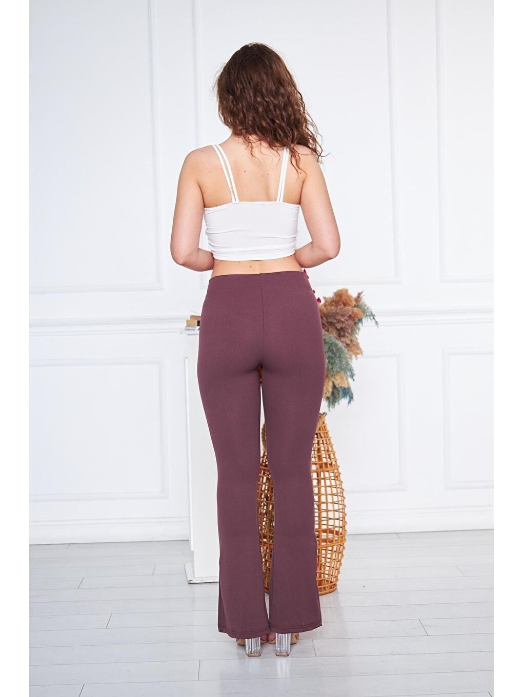 Kahverengi Kadın Çizgili Yırtmaçlı Pembe Ispanyol Paça Pantolon-3