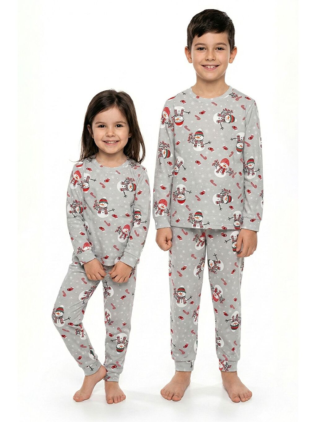 Gri Unisex Yılbaşı Temalı Cute Kardan Adam Desenli Çocuk Pijama Takımı-1