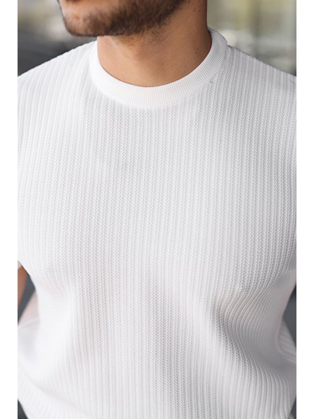 Beyaz Erkek Bisiklet Yaka Petek Dokulu Kısa Kollu Triko Tişört-2