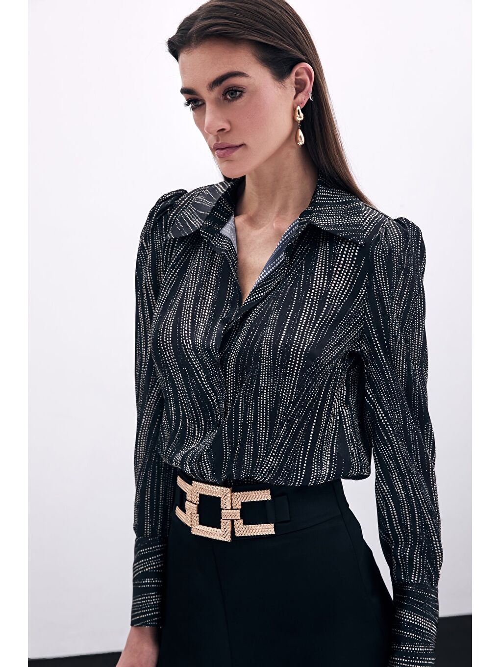 Geniş Manşetli Gömlek - Siyah-Camel-2