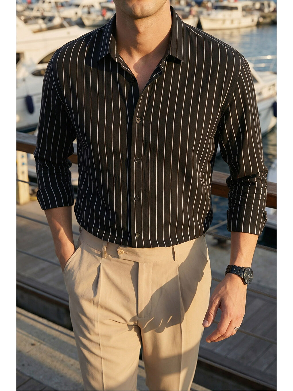 Siyah Arkit Erkek Çizgili Viskon Oversize Gömlek-6