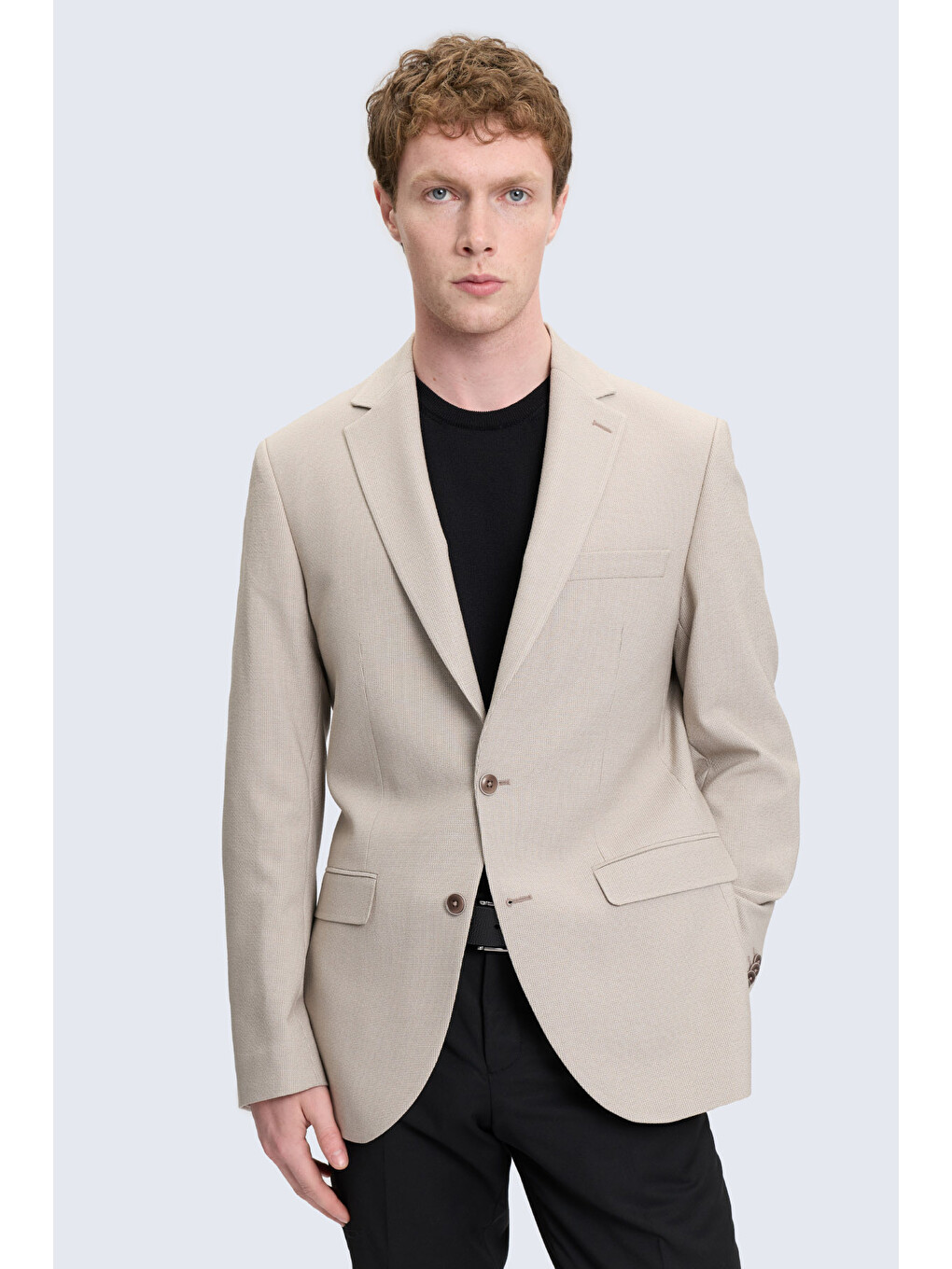 Bej Slim Fit Mono Yaka Klasik Ceket
