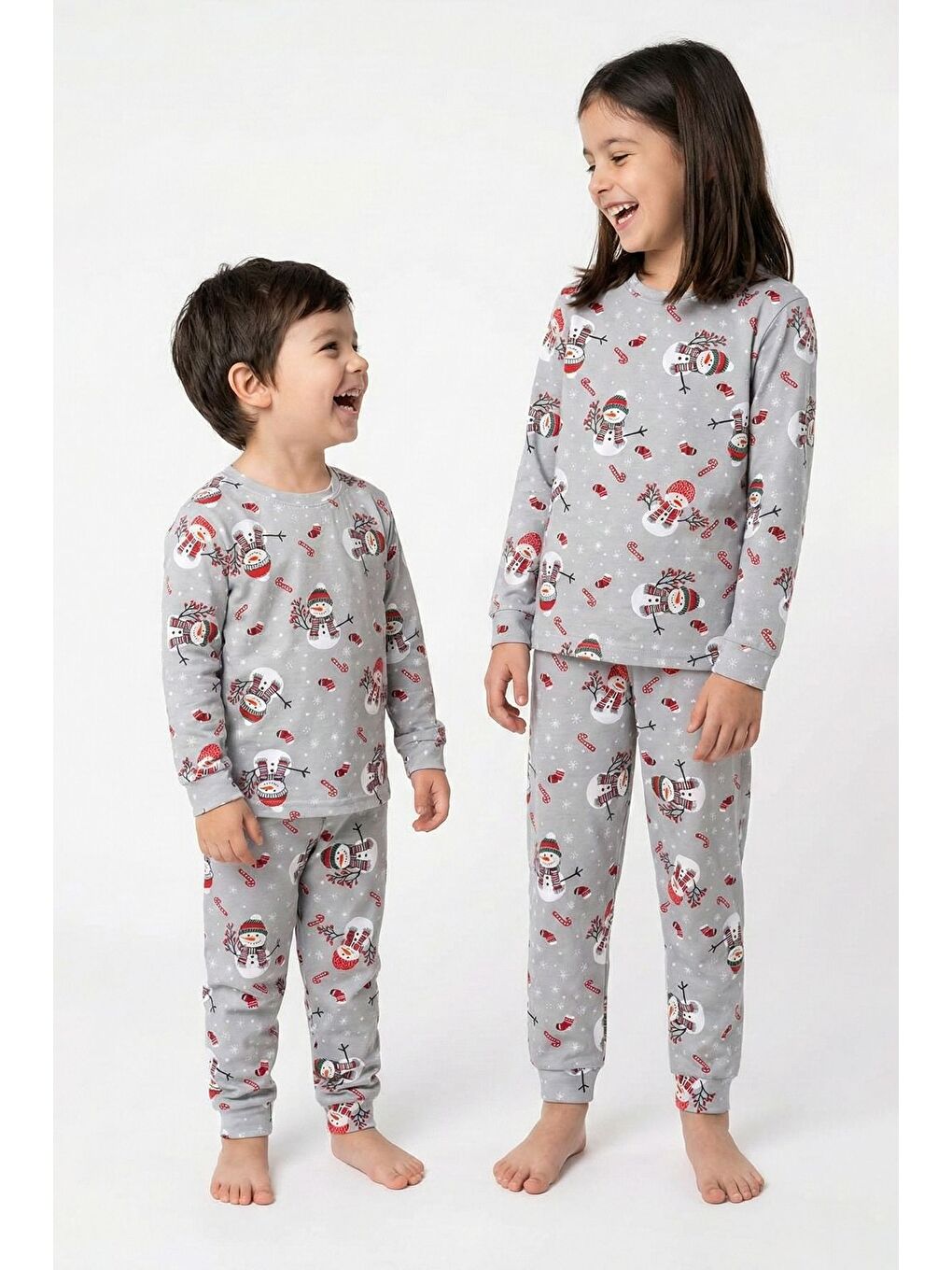 Gri Unisex Yılbaşı Temalı Cute Kardan Adam Desenli Çocuk Pijama Takımı-2
