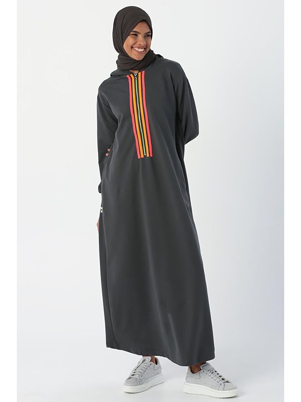 Antrasit01 Neon Şerit Detaylı Kapüşonlu Elbise