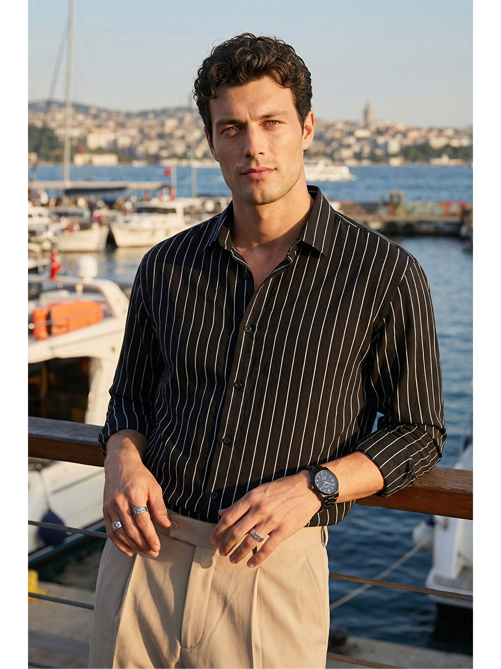 Siyah Arkit Erkek Çizgili Viskon Oversize Gömlek-7