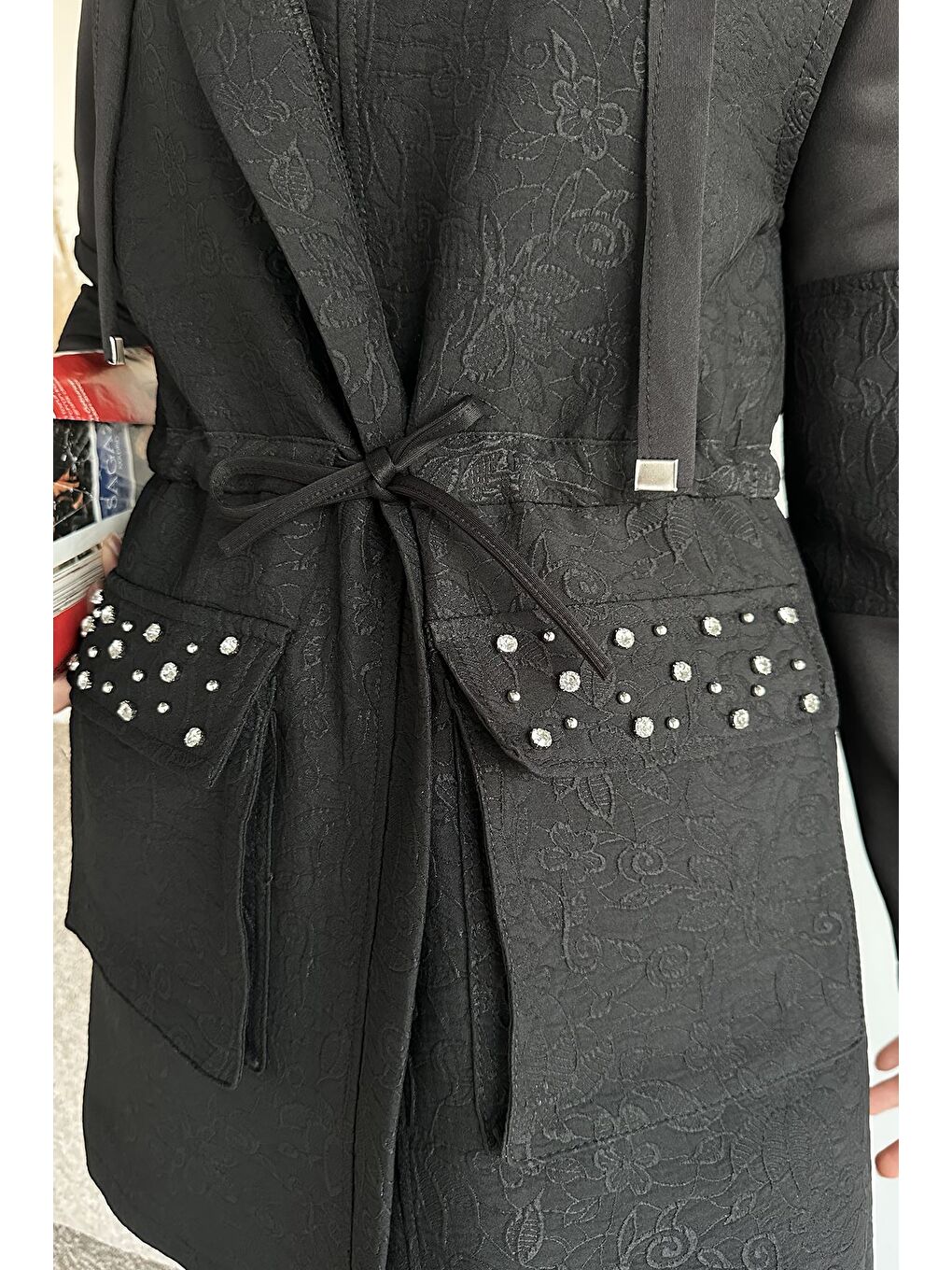 Siyah Kapüşonlu Yelek Tunik Pantolon Tesettür Üçlü Takım-7