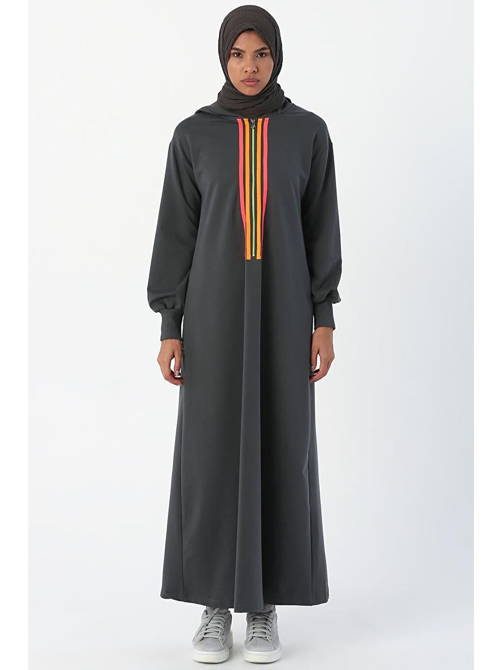 Antrasit01 Neon Şerit Detaylı Kapüşonlu Elbise-1