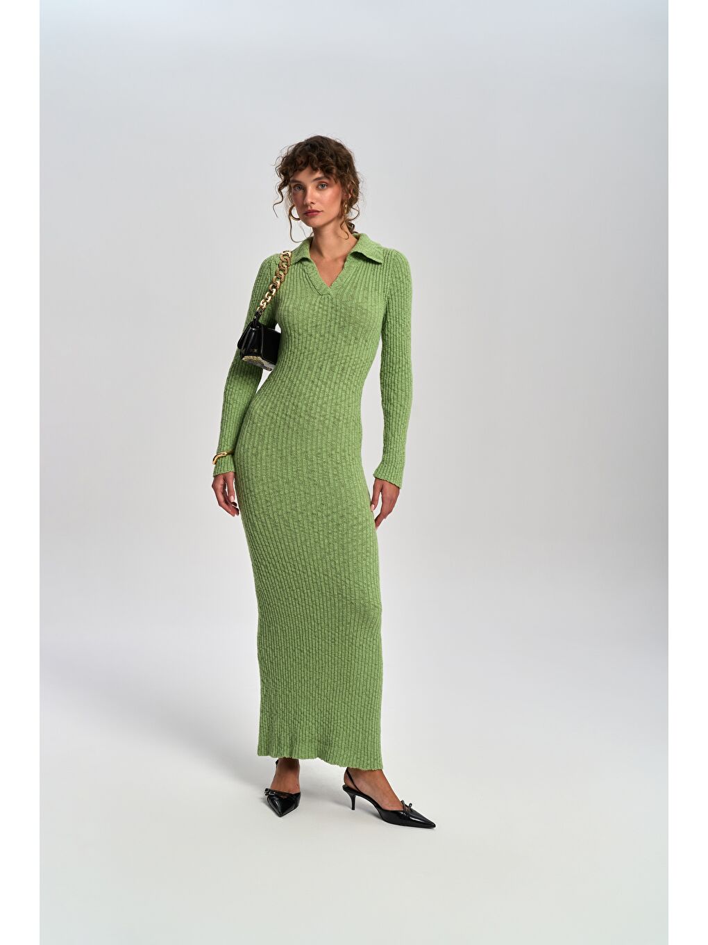 Eloria Polo Yaka Yeşil Triko Elbise-1