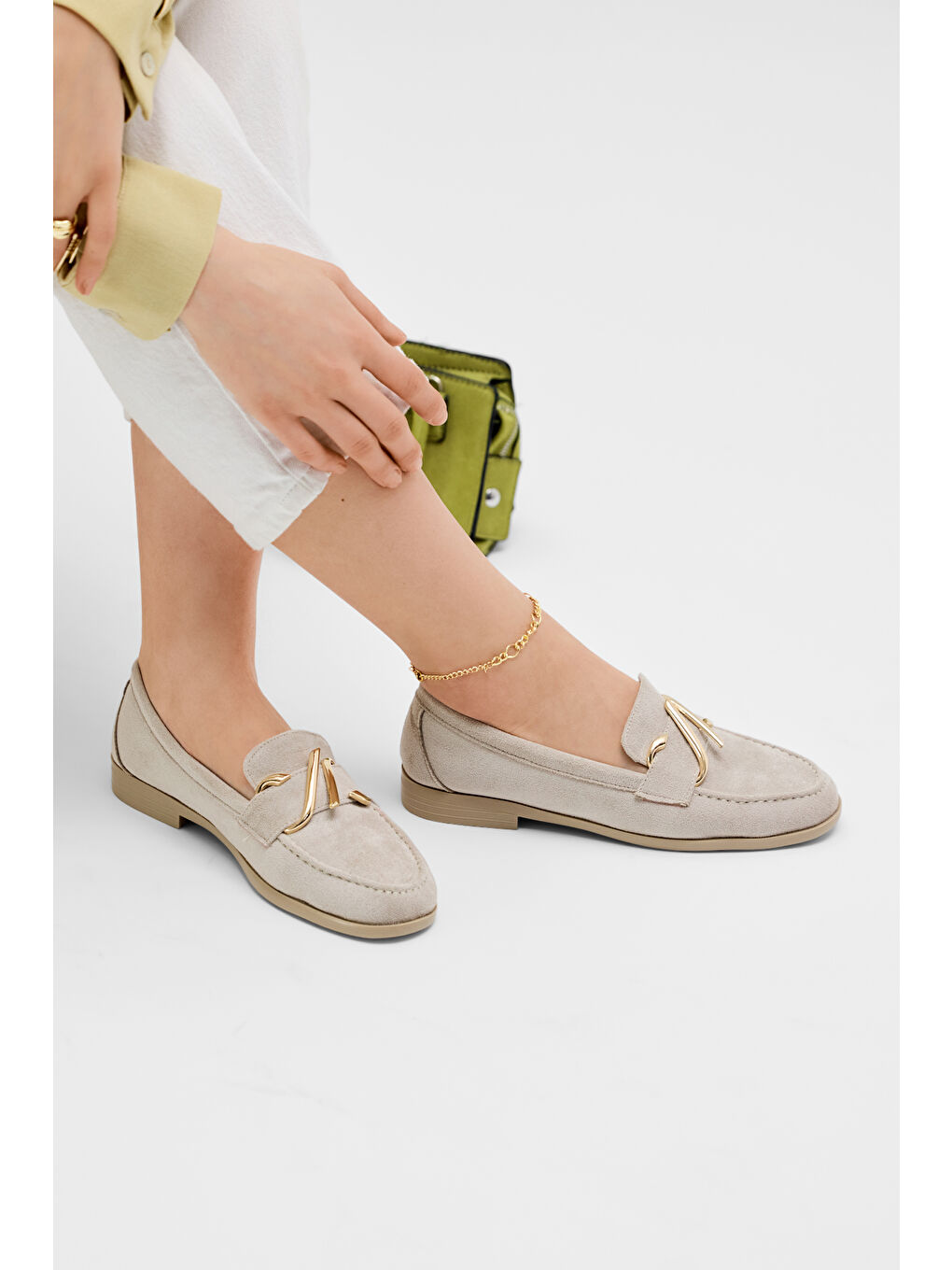 Kadın Bej Kadın Loafer Deri Toka Rahat Taban Detaylı Günlük Babet-2