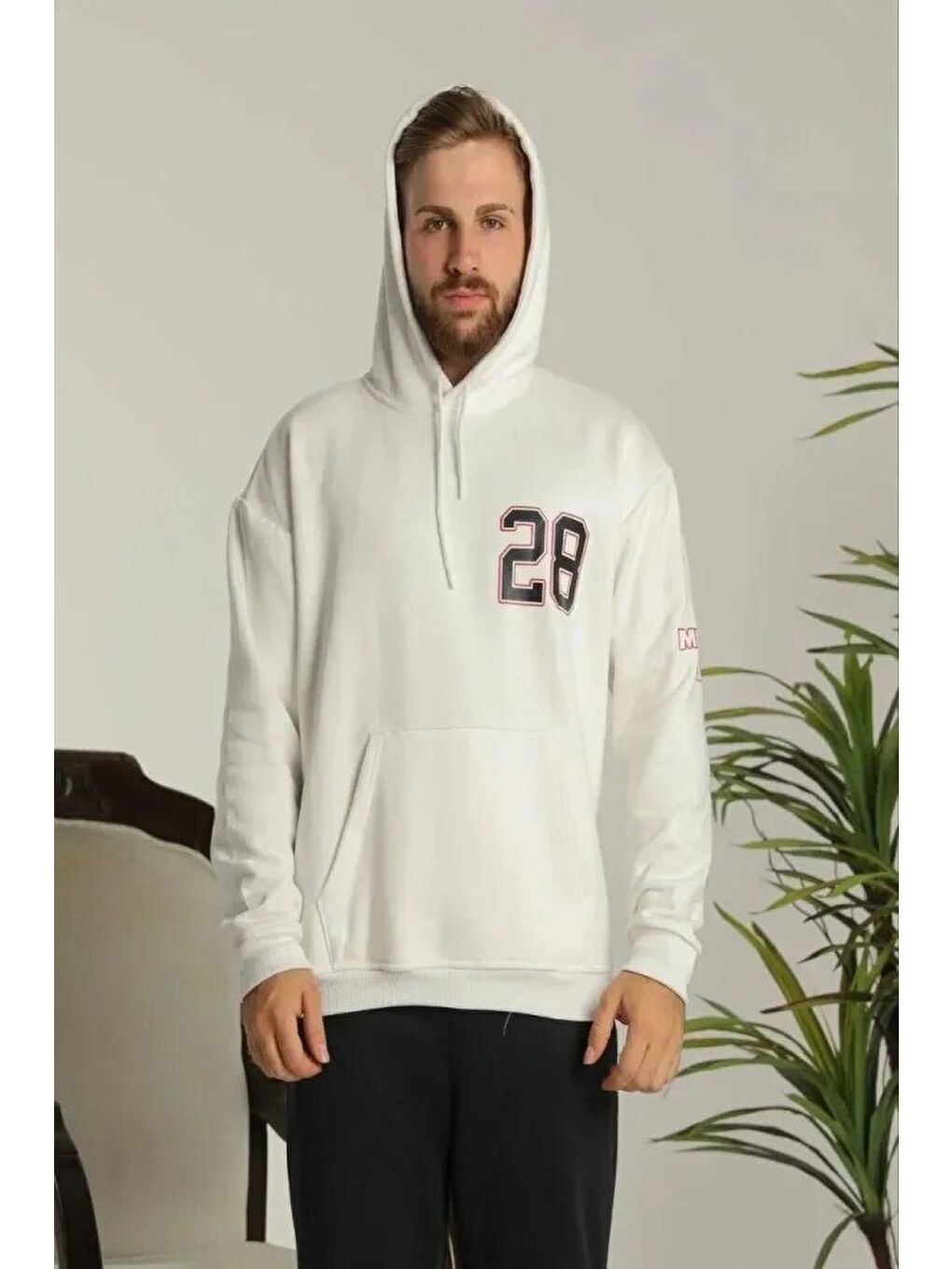Erkek Sırt Baskılı Oversize Üç İplik Kapüşonlu Sweatshirt - Beyaz