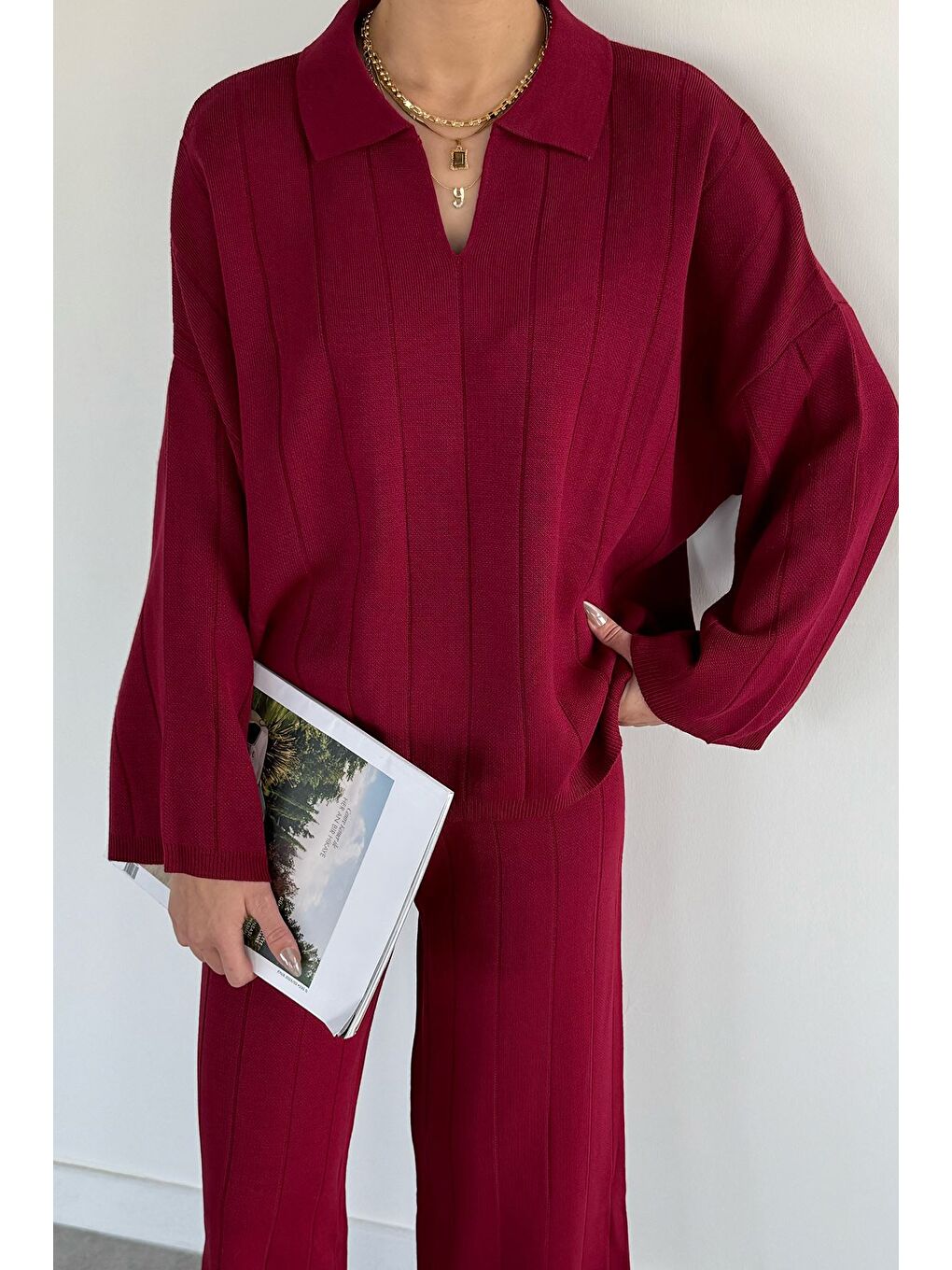 Bordo Polo Yaka Bluz Pantolon Triko İkili Takım