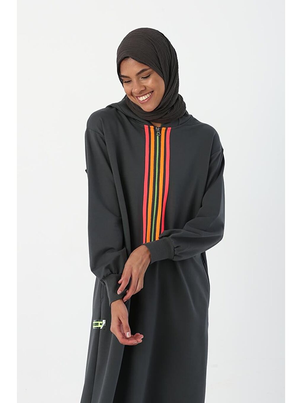 Antrasit01 Neon Şerit Detaylı Kapüşonlu Elbise-4