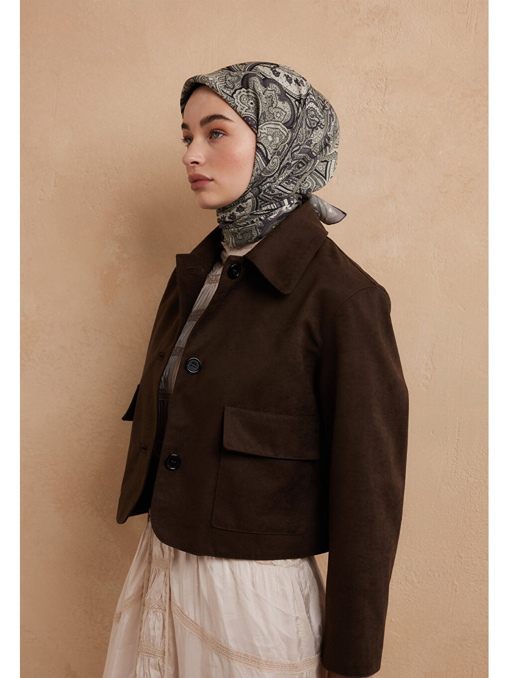 Gri Sıara Desen Pamuk İpek Eşarp Füme