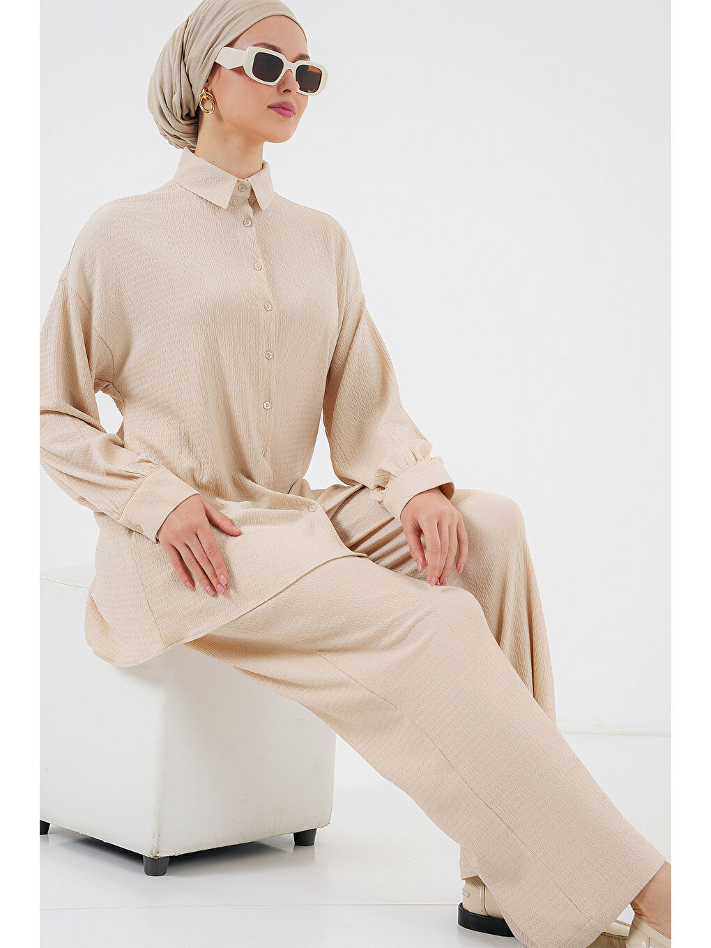 Ekru Kadın Örme Tesettür Alt Üst Takım 6711 - Krem