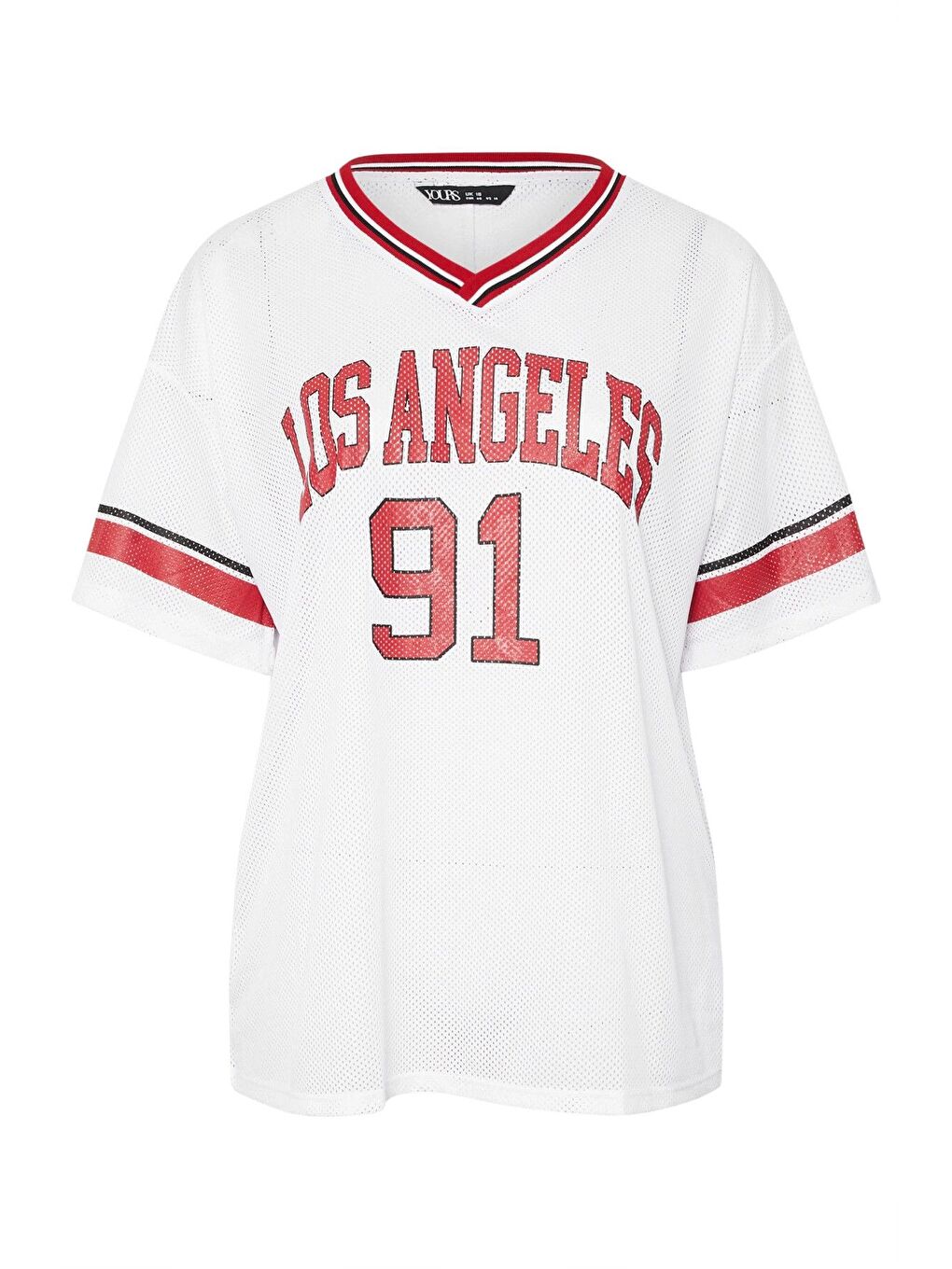 Beyaz Büyük Beden V Yaka Kısa Kollu Baskılı File T-shirt 303495-6