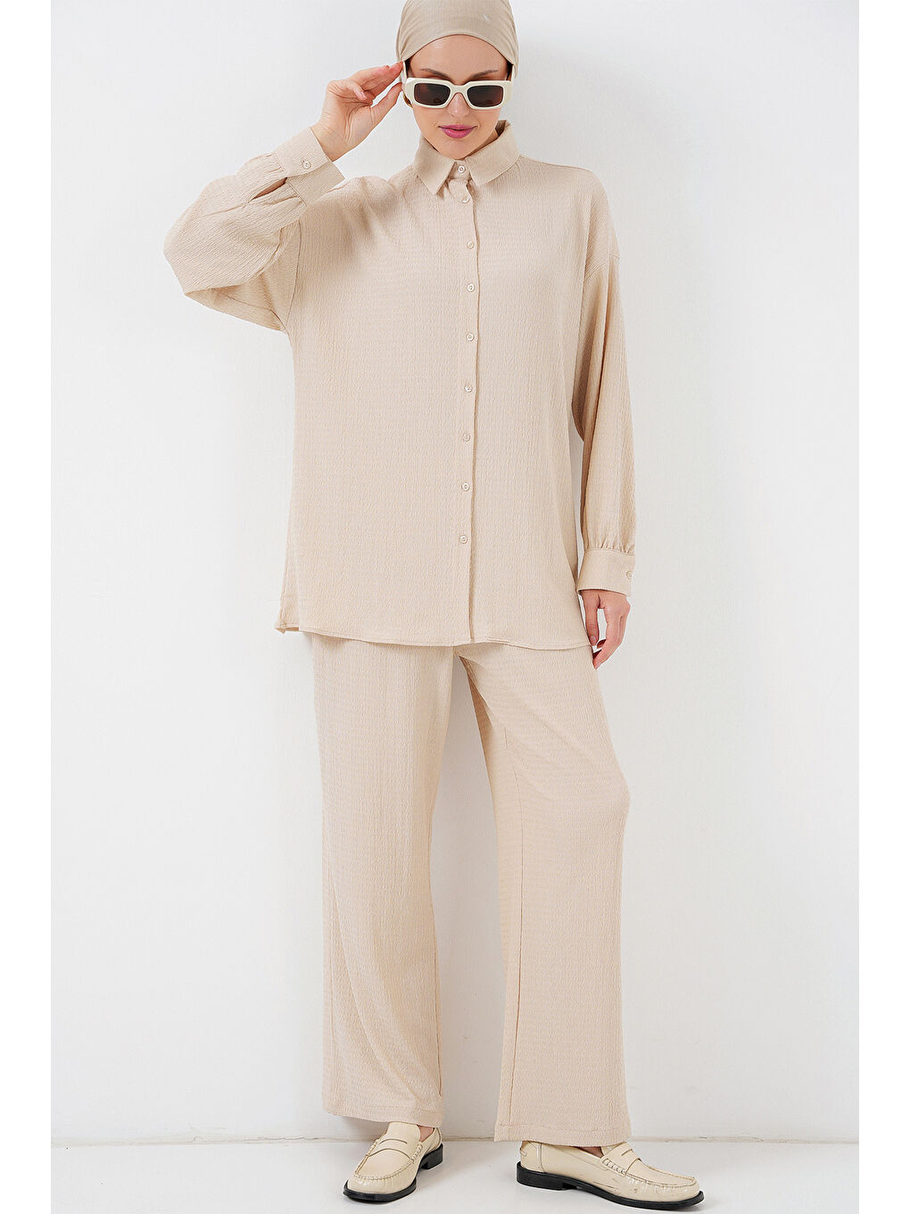 Ekru Kadın Örme Tesettür Alt Üst Takım 6711 - Krem-1