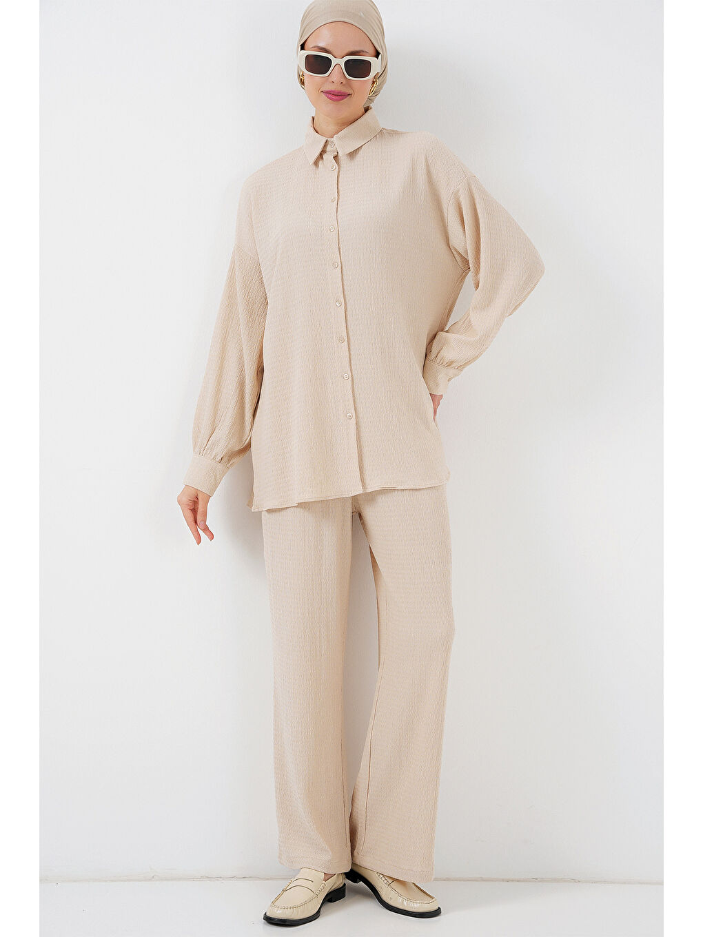 Ekru Kadın Örme Tesettür Alt Üst Takım 6711 - Krem-2