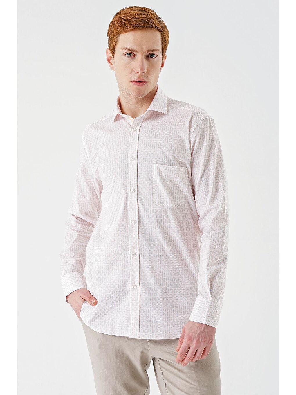 Pembe Somon Uzun Kollu Baskılı  İtalyan Yaka Cepli  Pamuklu Elastanlı  Comfort Fit Gömlek 1004240160