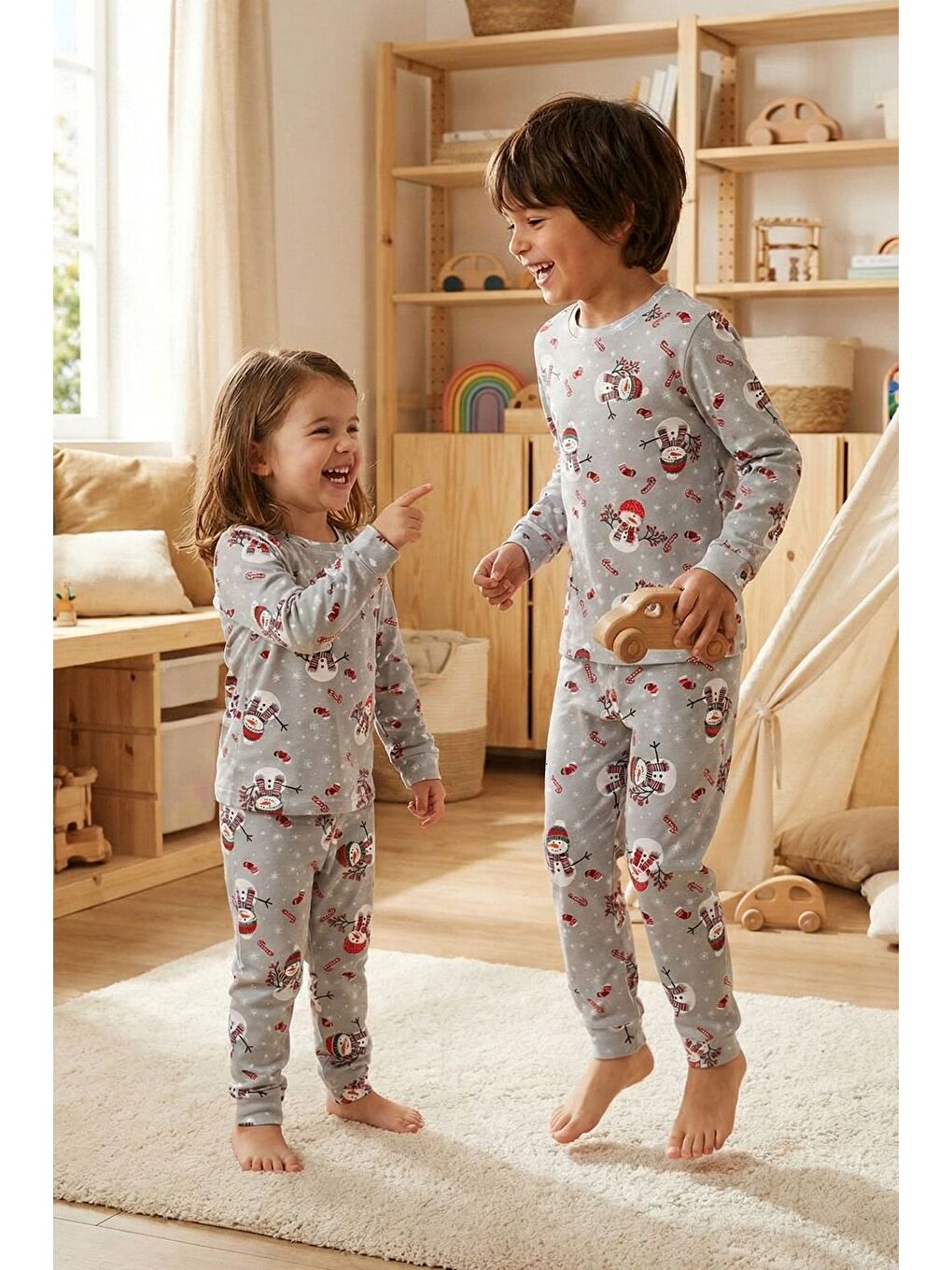 Gri Unisex Yılbaşı Temalı Cute Kardan Adam Desenli Çocuk Pijama Takımı-4