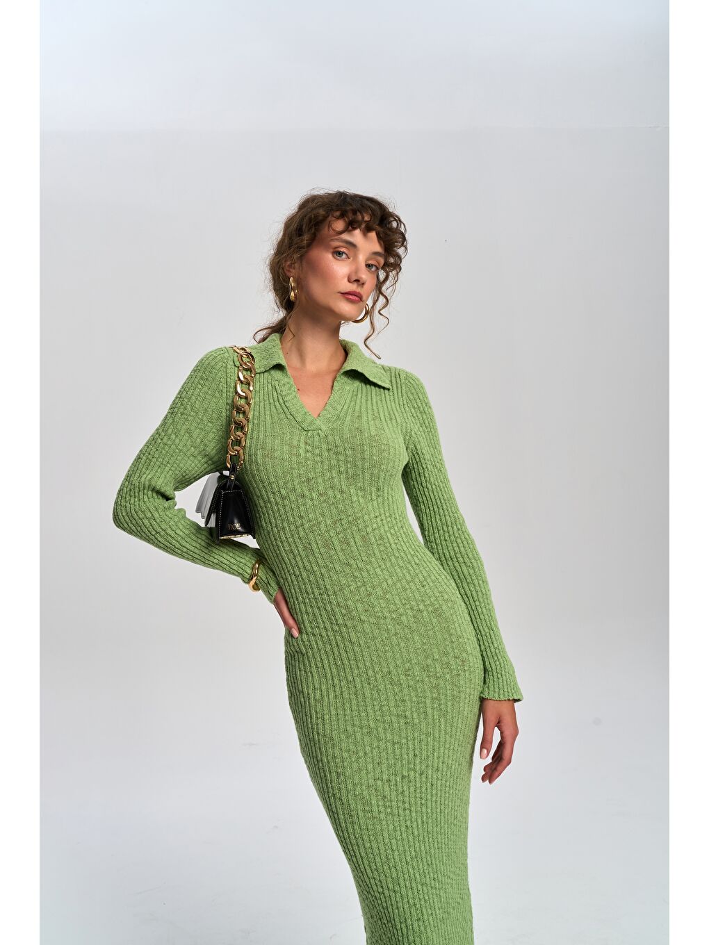 Eloria Polo Yaka Yeşil Triko Elbise-2