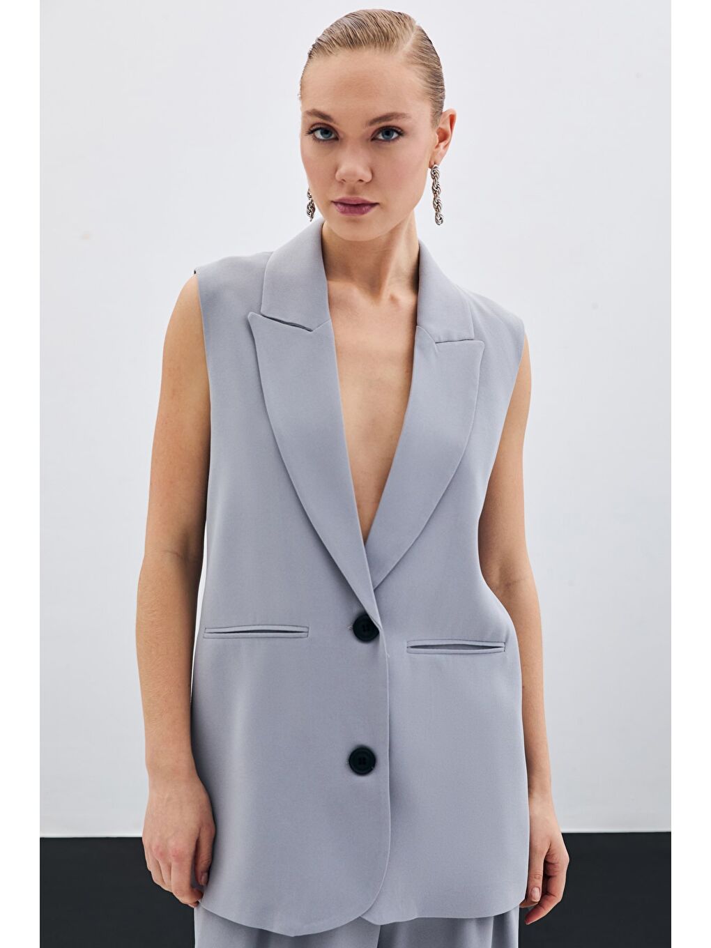 Düğme Detaylı Salaş Yelek - Gri-2