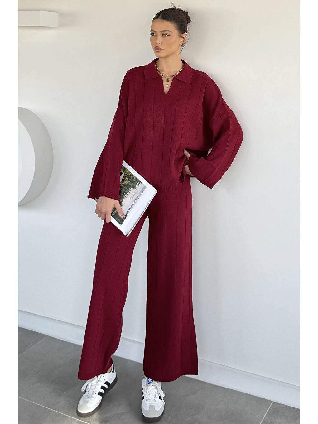 Bordo Polo Yaka Bluz Pantolon Triko İkili Takım-1