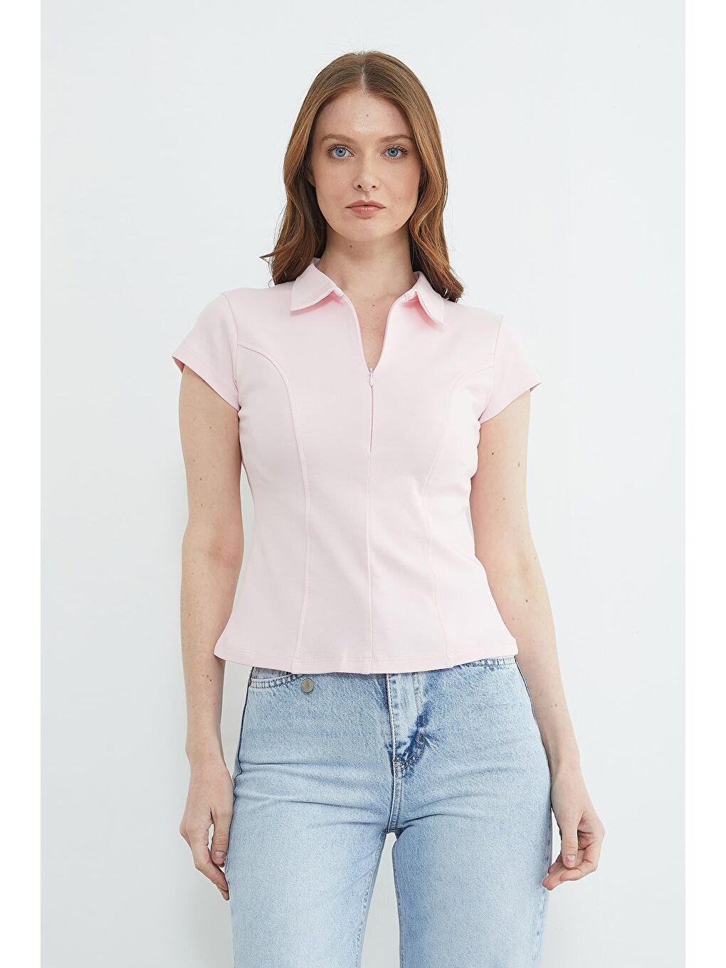 Pembe Basic Yarım Fermuarlı Polo Yaka Slim Fit Tişört