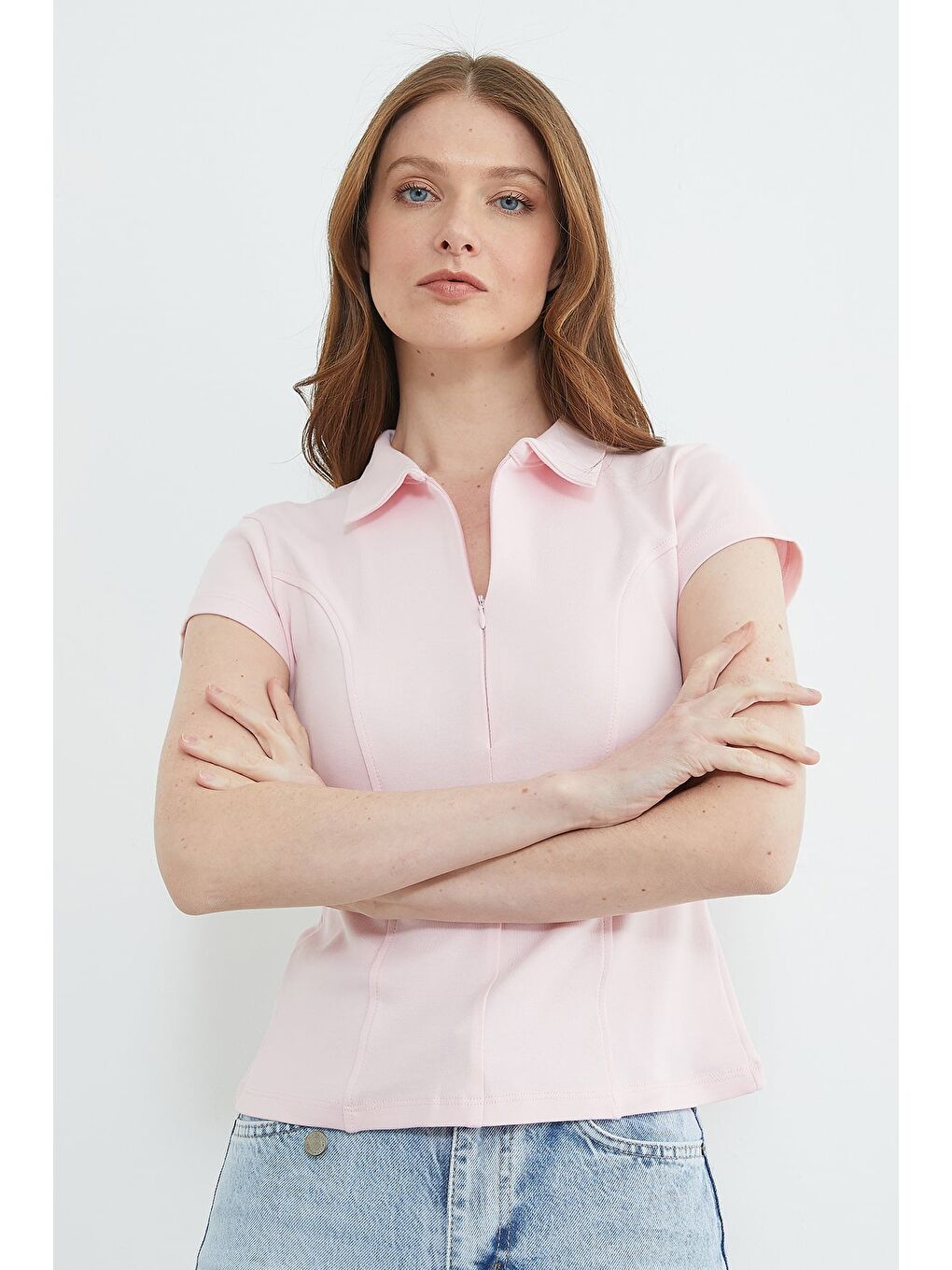Pembe Basic Yarım Fermuarlı Polo Yaka Slim Fit Tişört-1