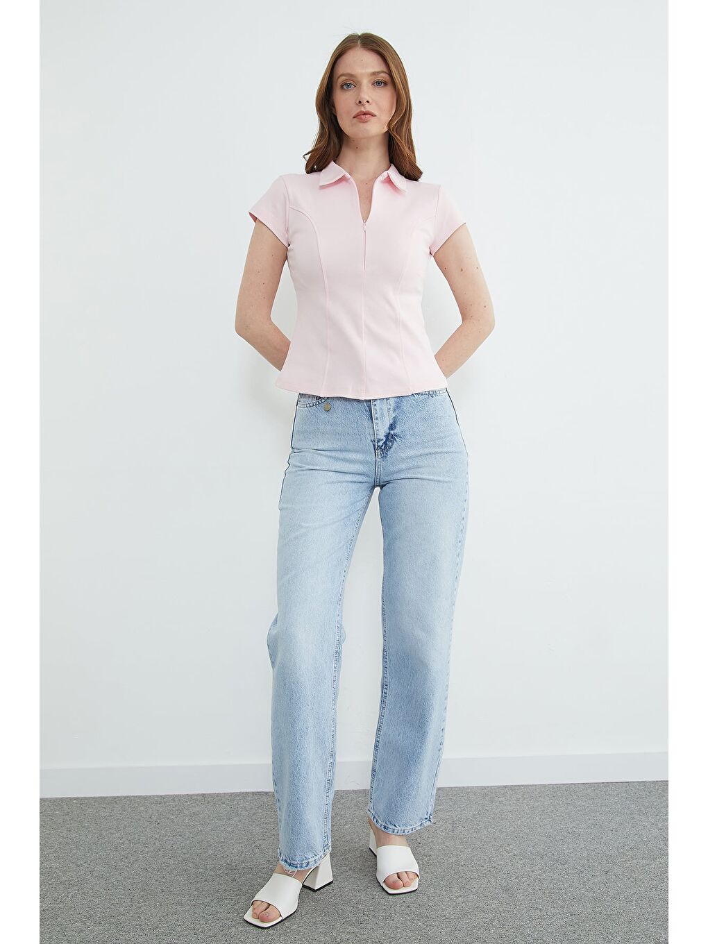 Pembe Basic Yarım Fermuarlı Polo Yaka Slim Fit Tişört-2