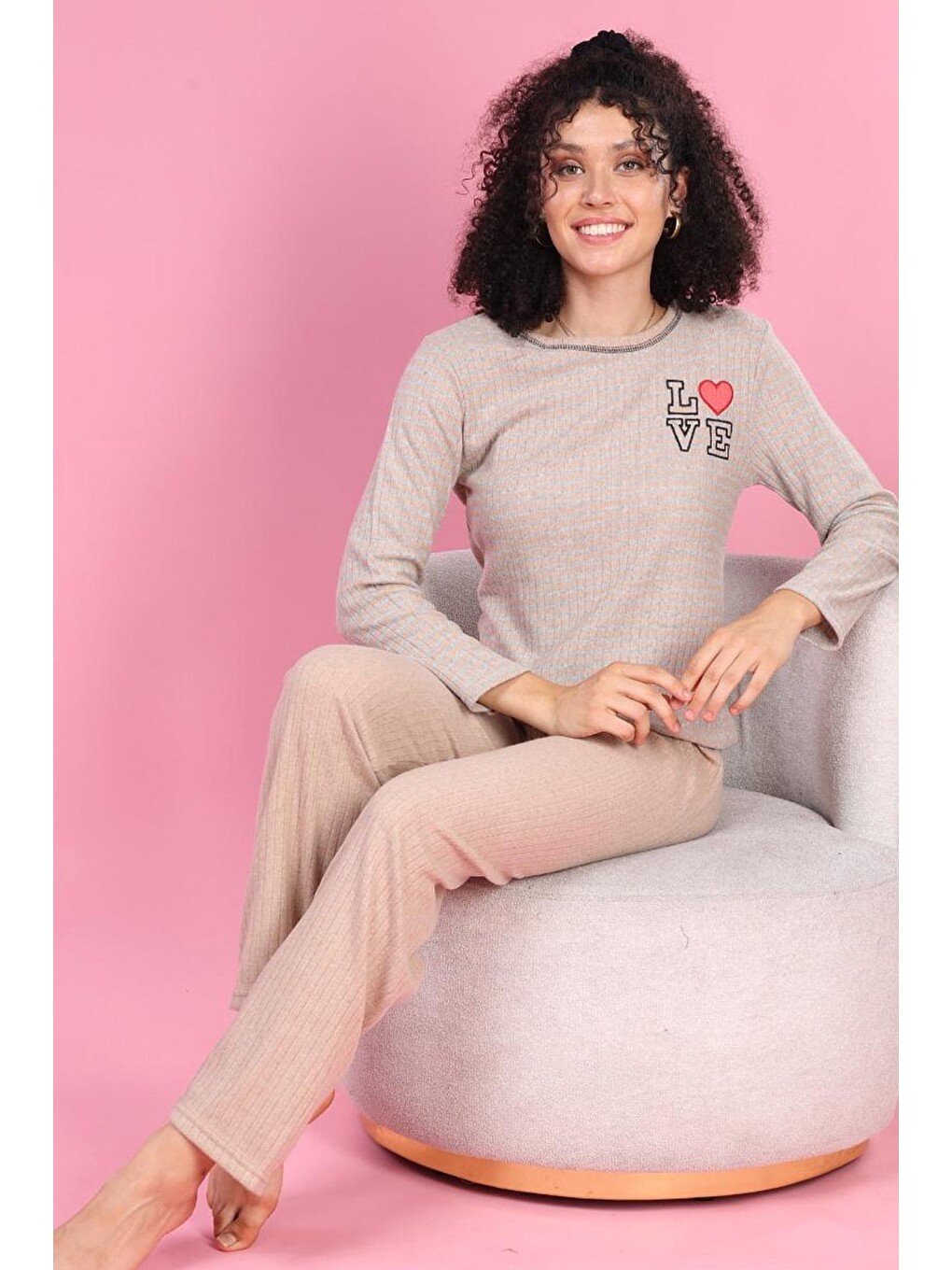 Gri Let Me Slee P Baskılı Büyük Beden Pijama Takımı-1