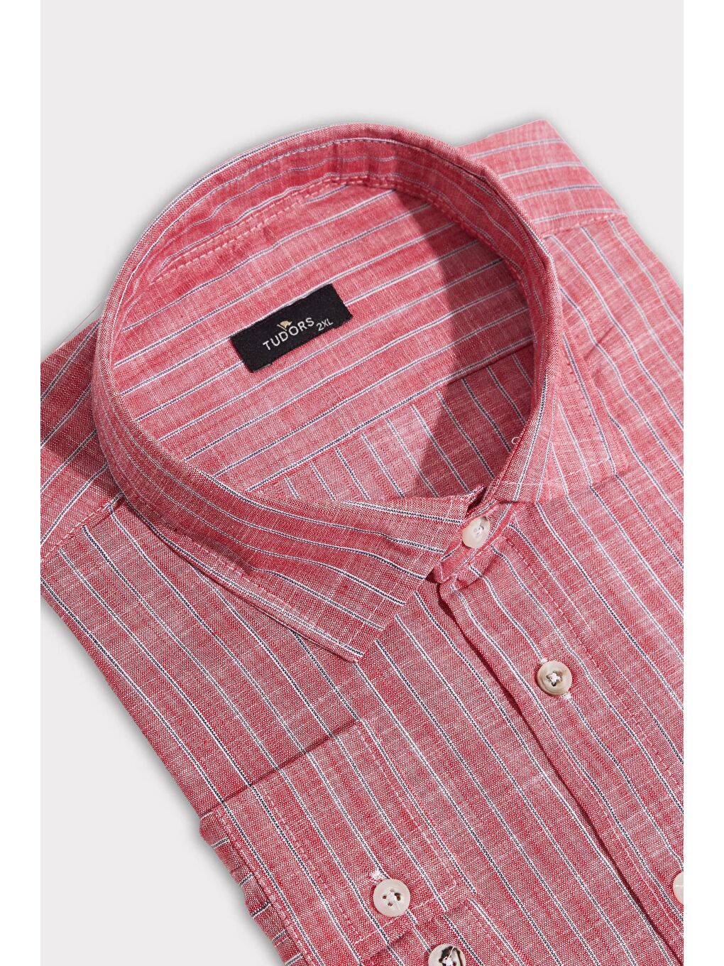 Erkek Battal Büyük Beden Uzun Kollu Çizgili Keten Efektli Spor Yaka Kırmızı Gömlek-1