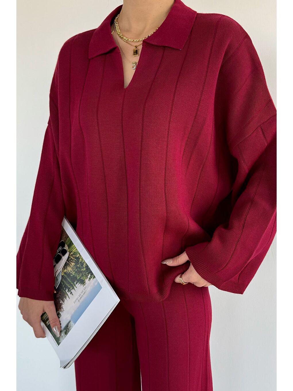 Bordo Polo Yaka Bluz Pantolon Triko İkili Takım-2