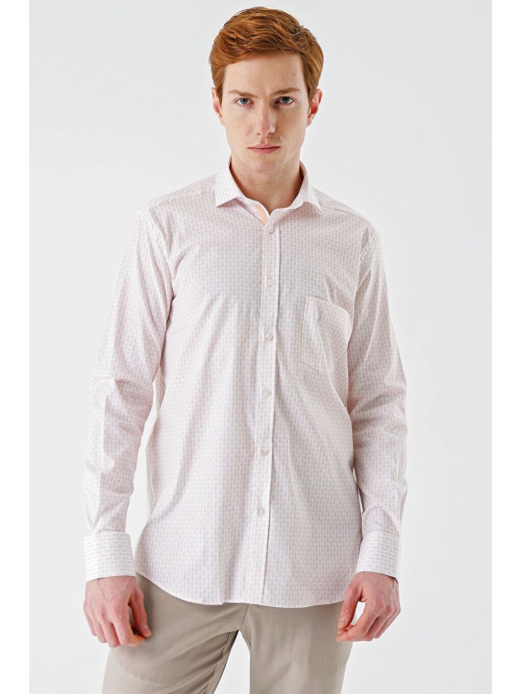 Pembe Somon Uzun Kollu Baskılı  İtalyan Yaka Cepli  Pamuklu Elastanlı  Comfort Fit Gömlek 1004240160-1