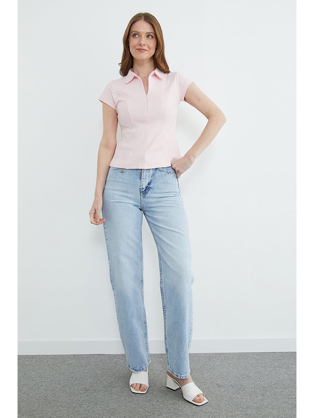 Pembe Basic Yarım Fermuarlı Polo Yaka Slim Fit Tişört-3