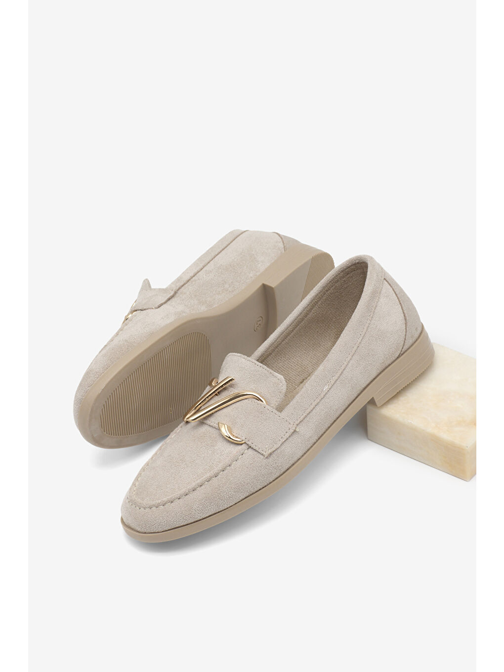 Kadın Bej Kadın Loafer Deri Toka Rahat Taban Detaylı Günlük Babet-3