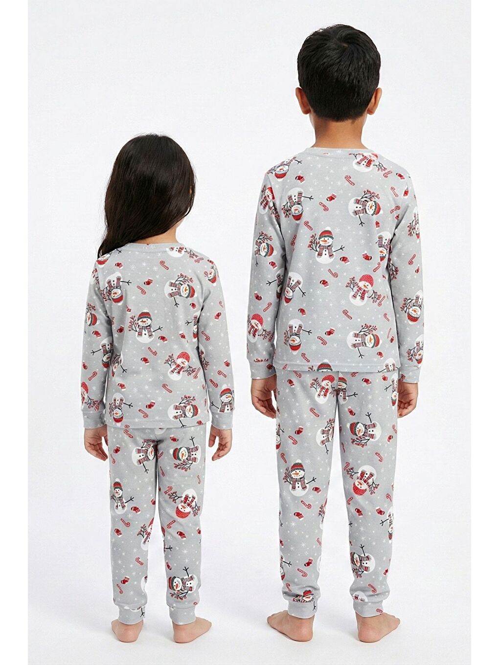 Gri Unisex Yılbaşı Temalı Cute Kardan Adam Desenli Çocuk Pijama Takımı-6