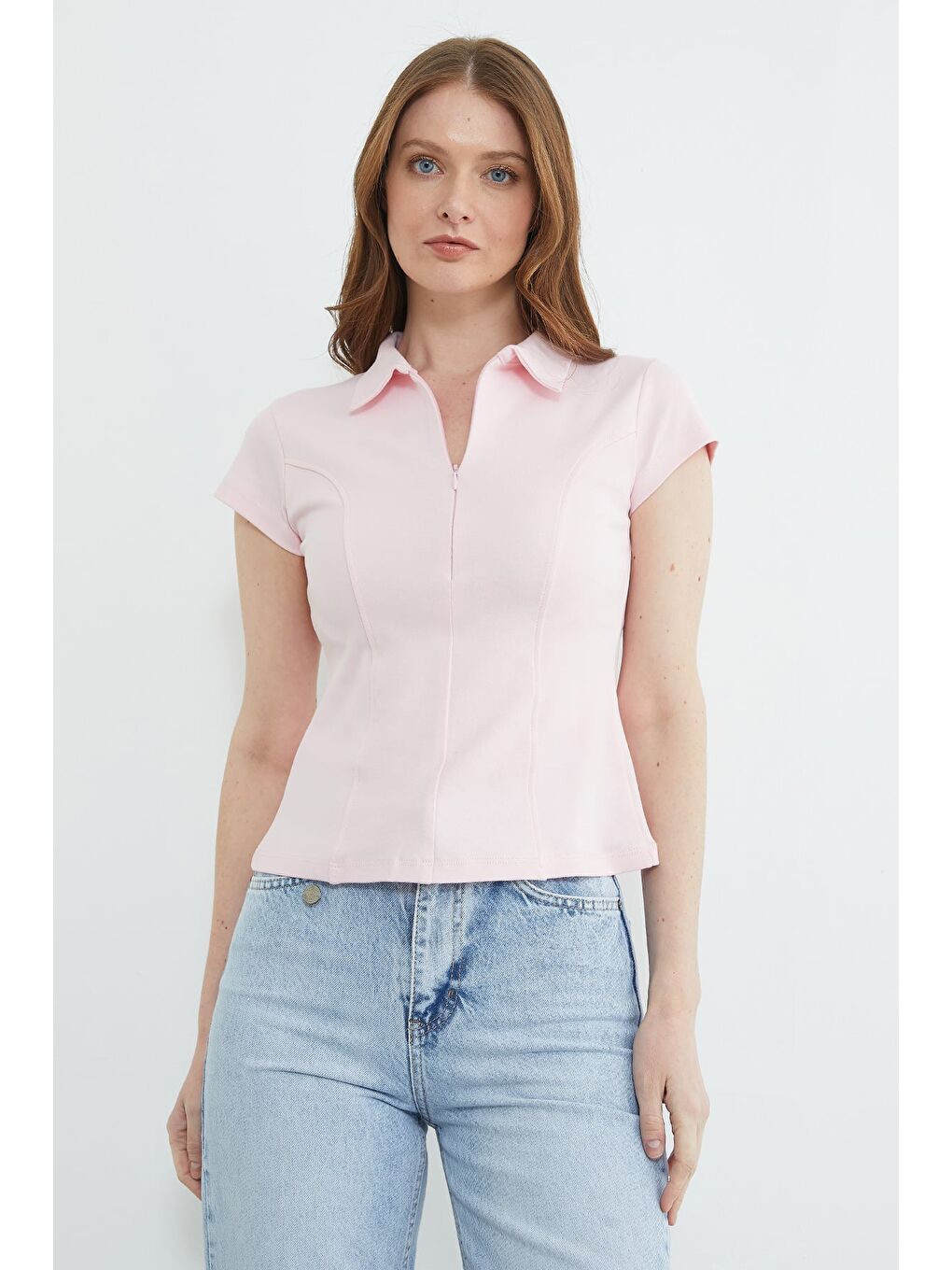 Pembe Basic Yarım Fermuarlı Polo Yaka Slim Fit Tişört-4