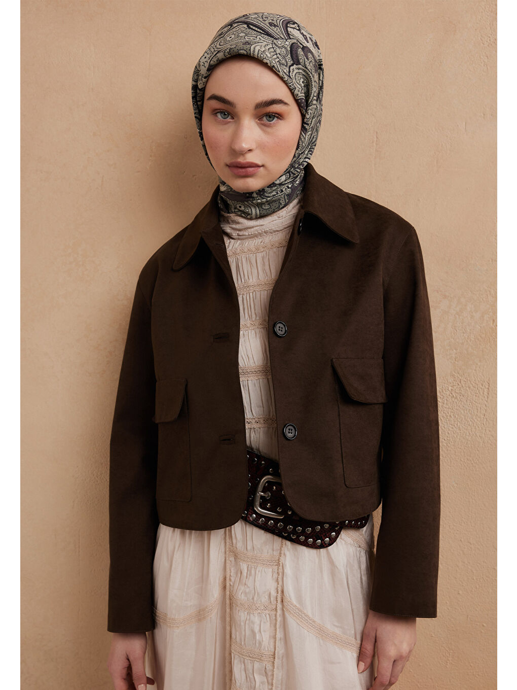 Gri Sıara Desen Pamuk İpek Eşarp Füme-1