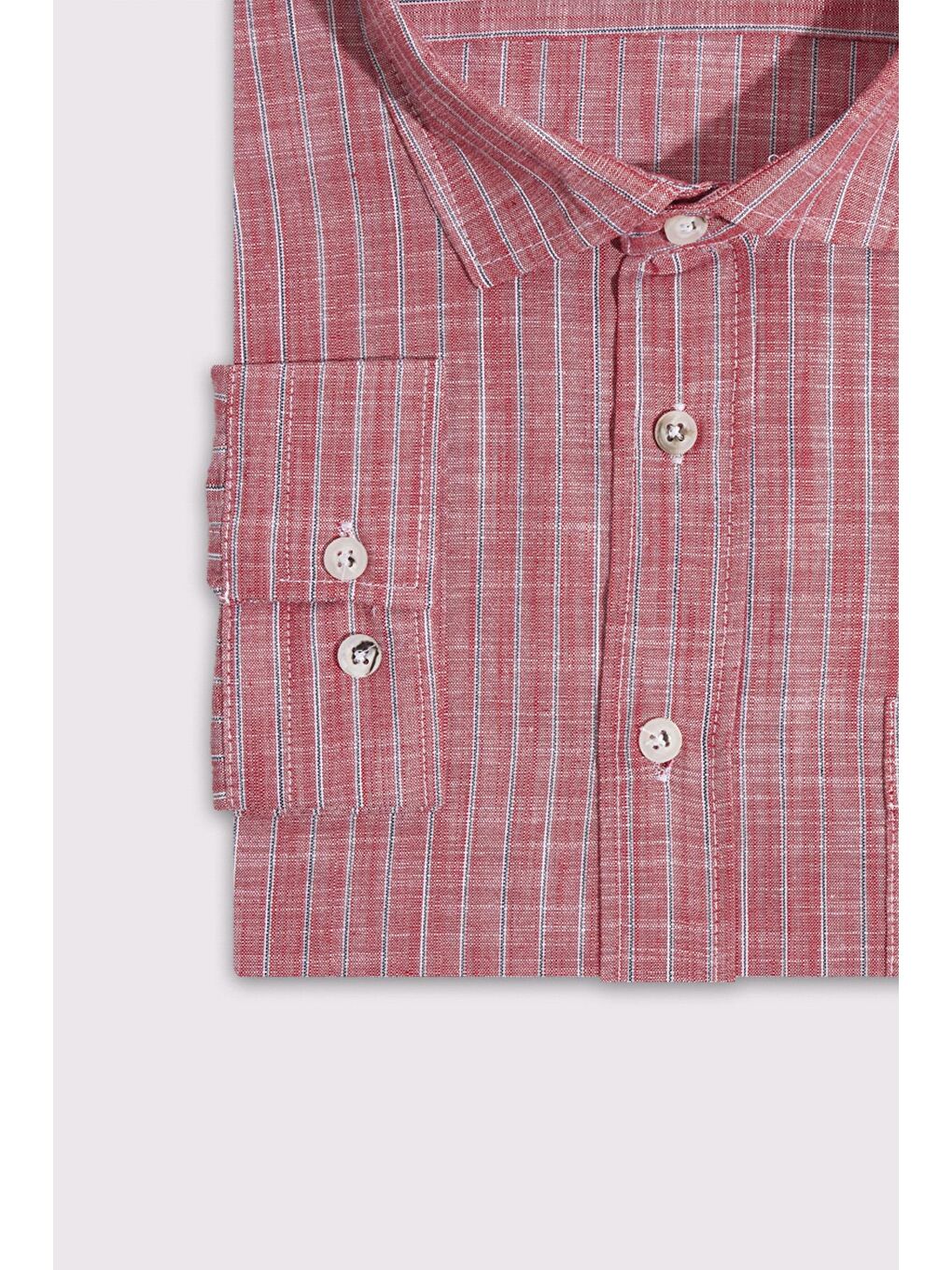 Erkek Battal Büyük Beden Uzun Kollu Çizgili Keten Efektli Spor Yaka Kırmızı Gömlek-3