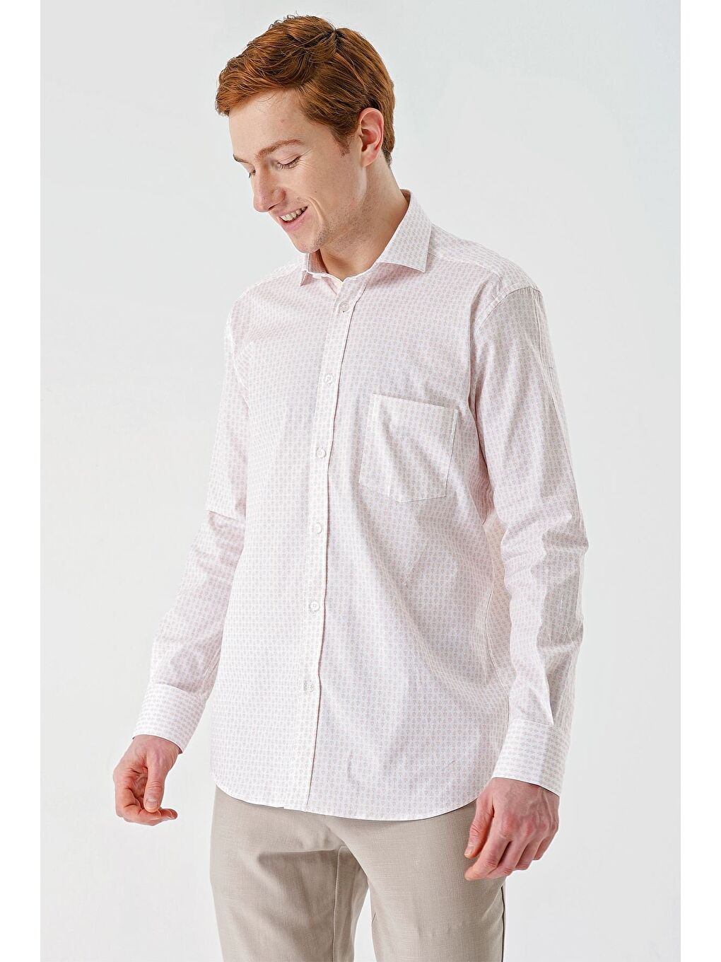 Pembe Somon Uzun Kollu Baskılı  İtalyan Yaka Cepli  Pamuklu Elastanlı  Comfort Fit Gömlek 1004240160-2