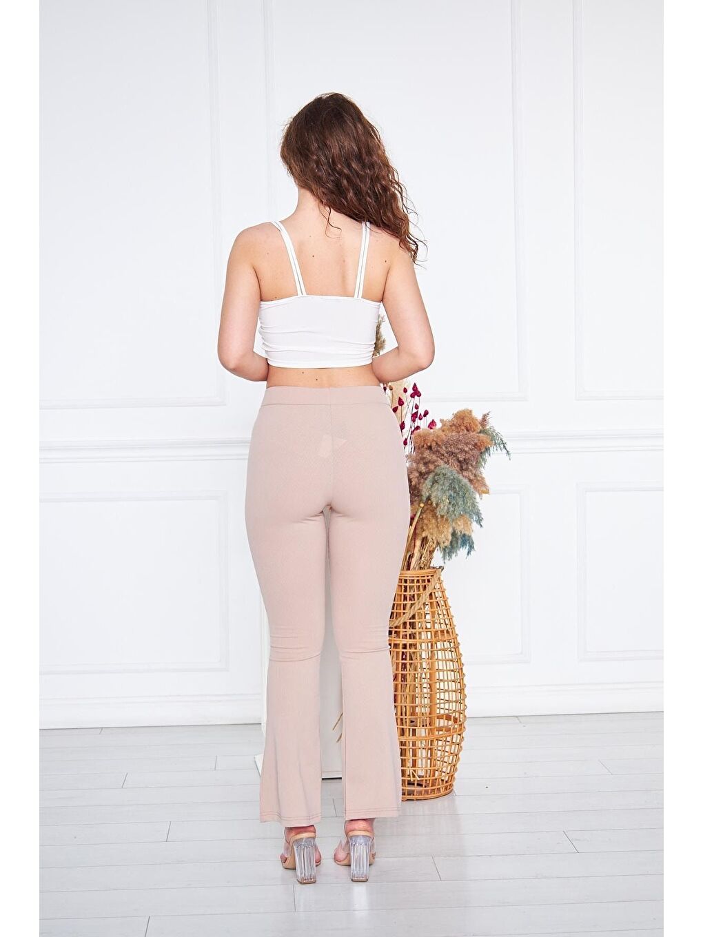 Bej Kadın Yırtmaçlı Ispanyol Paça Pantolon-3