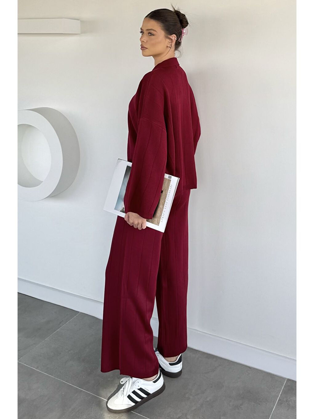 Bordo Polo Yaka Bluz Pantolon Triko İkili Takım-3