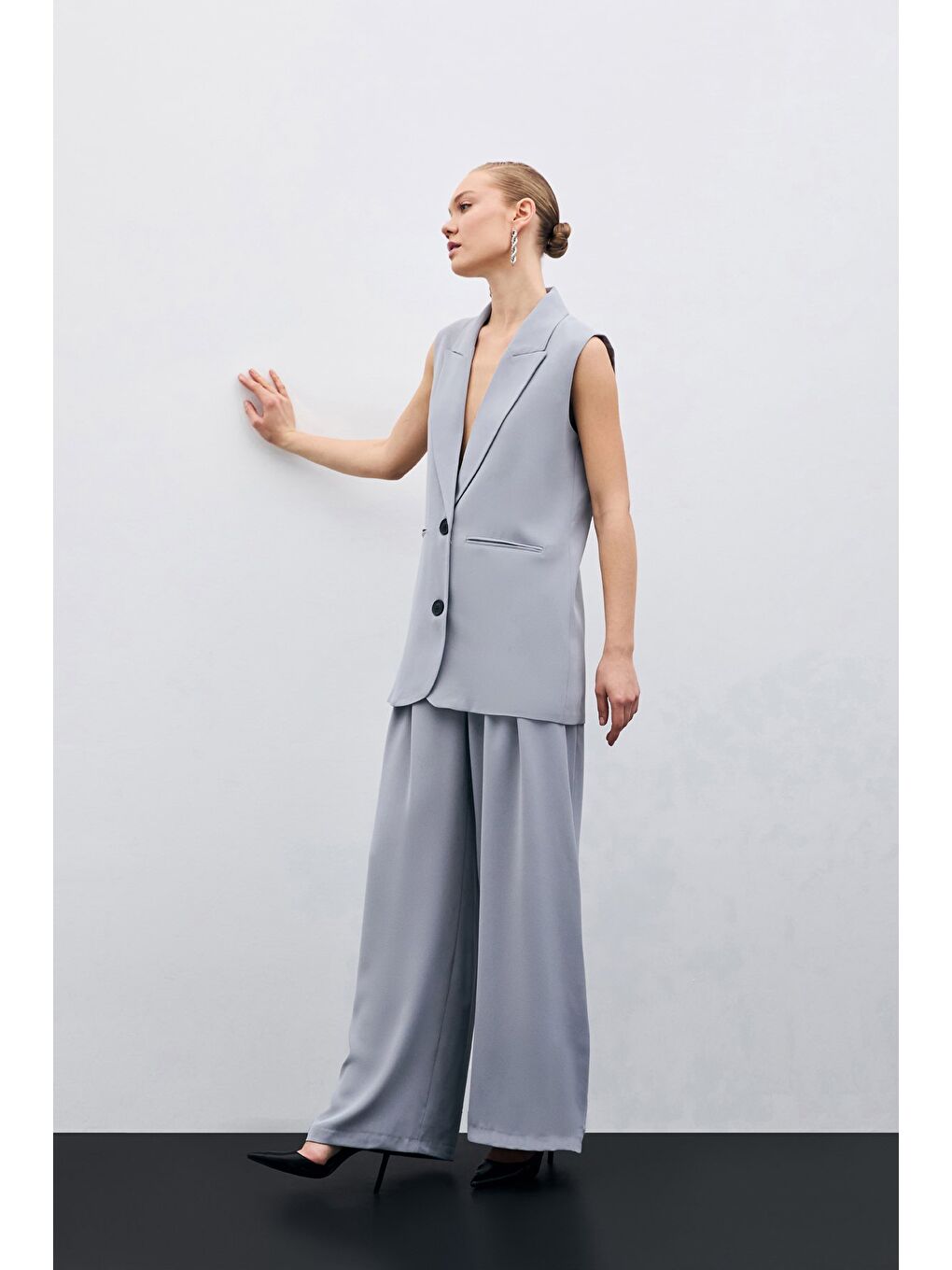 Yüksek Bel Bol Paça Pantolon - Gri-1