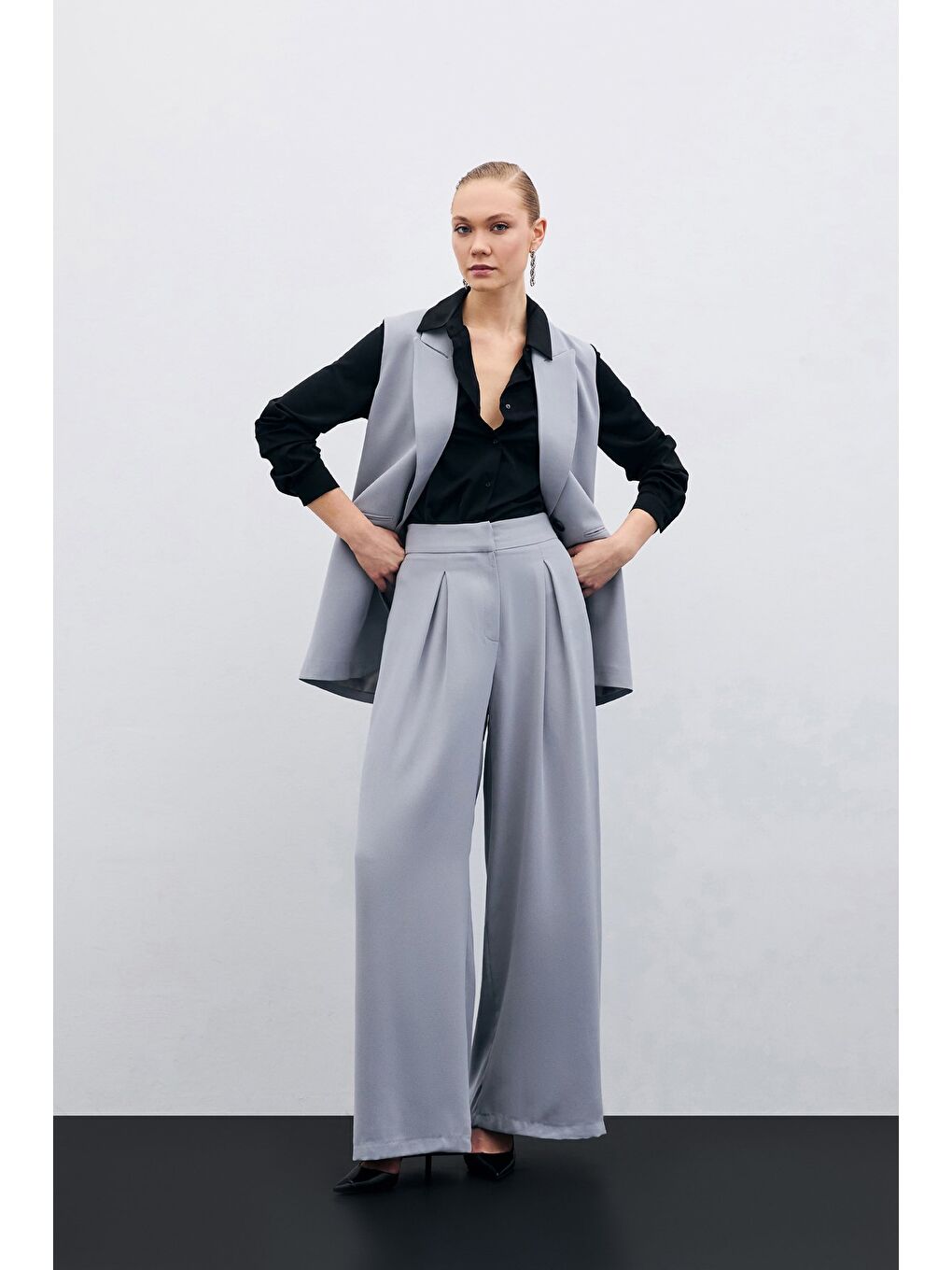 Yüksek Bel Bol Paça Pantolon - Gri-2