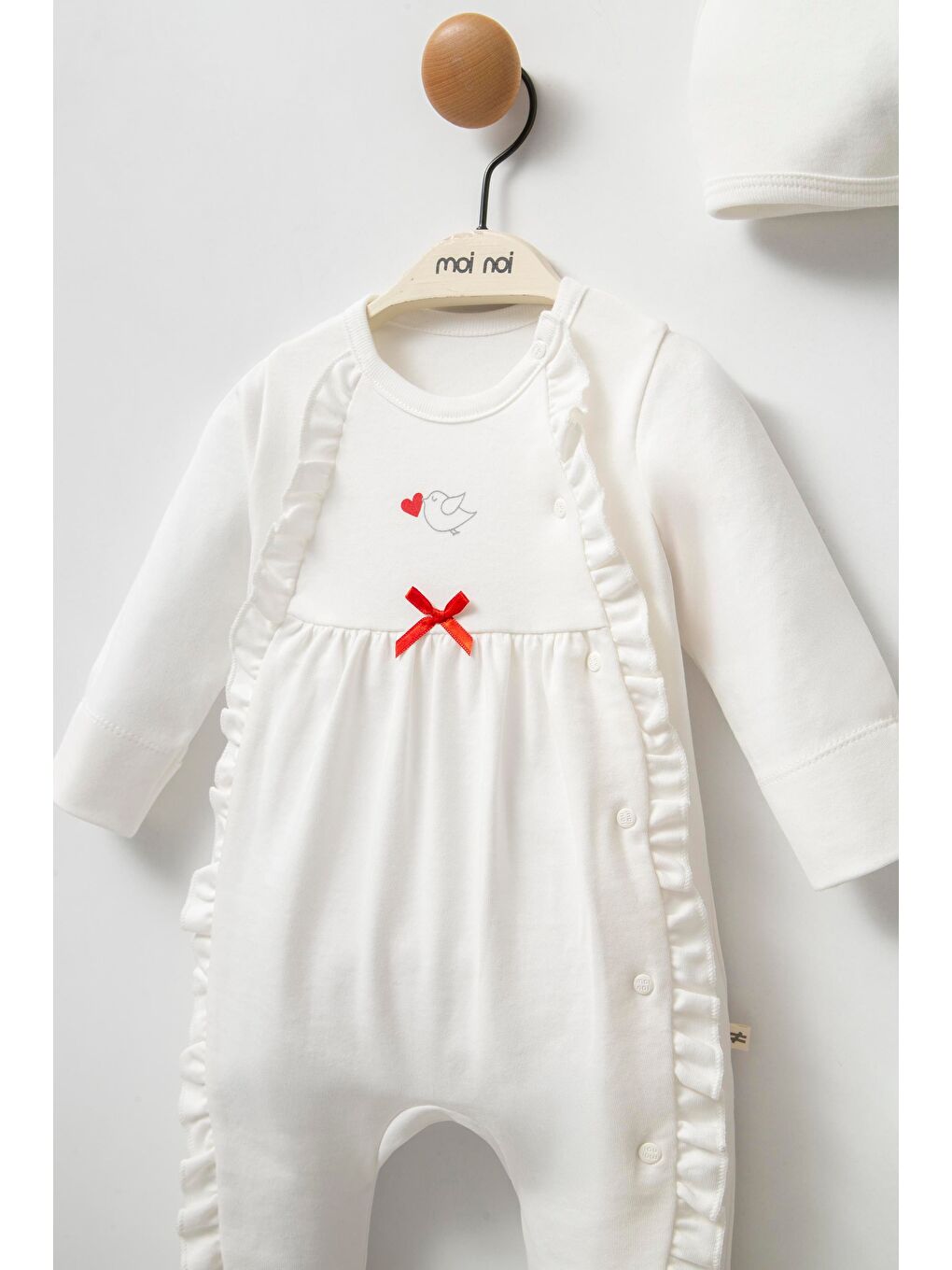 Beyaz Kız Bebek Pamuklu Ekru Fırfır Detaylı Tulum Ve Şapka Seti - Yandan Çıtçıtlı-2