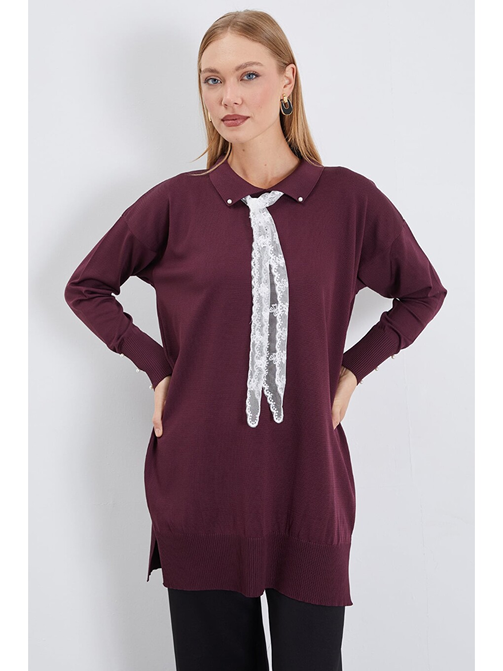 Mürdüm Fullamodest Dantel Fularlı Triko Tunik-1