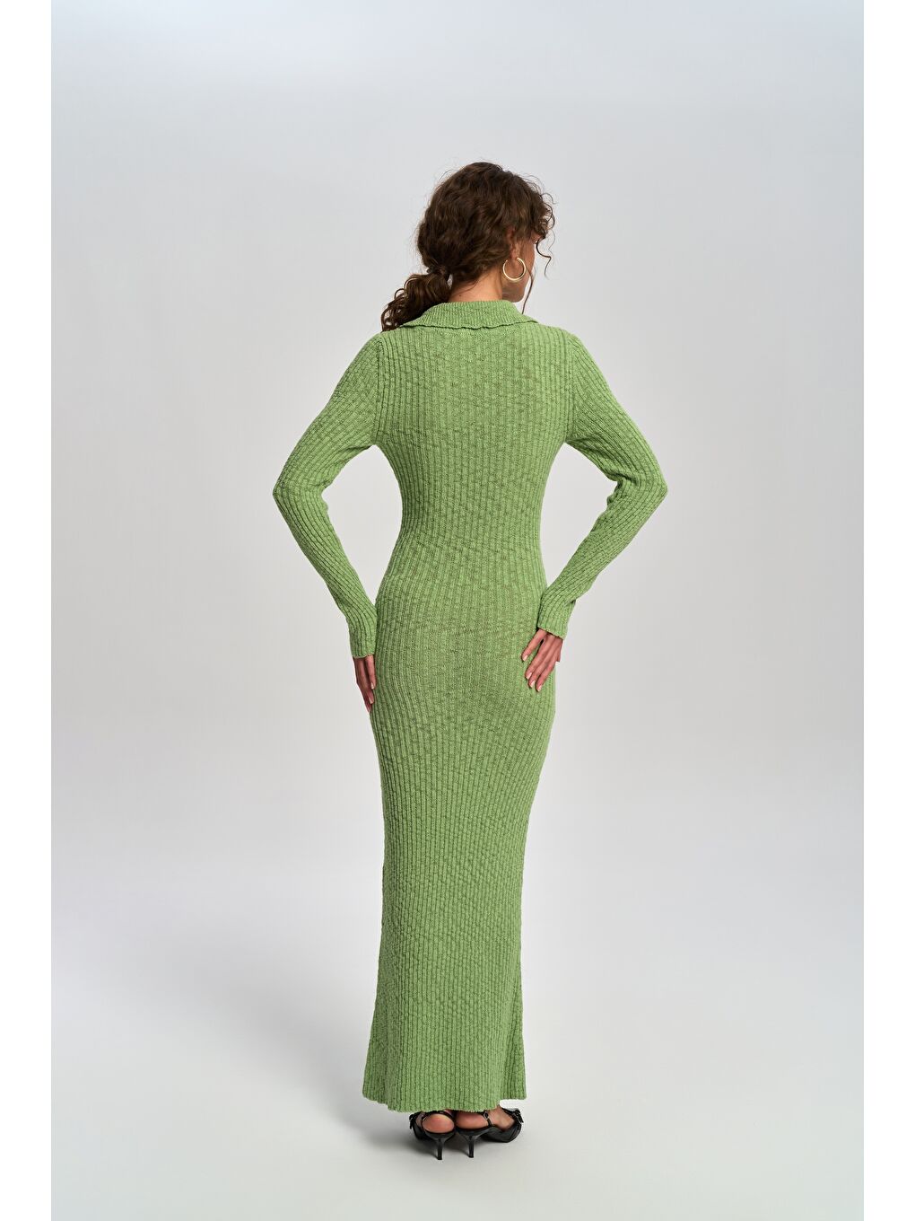 Eloria Polo Yaka Yeşil Triko Elbise-4