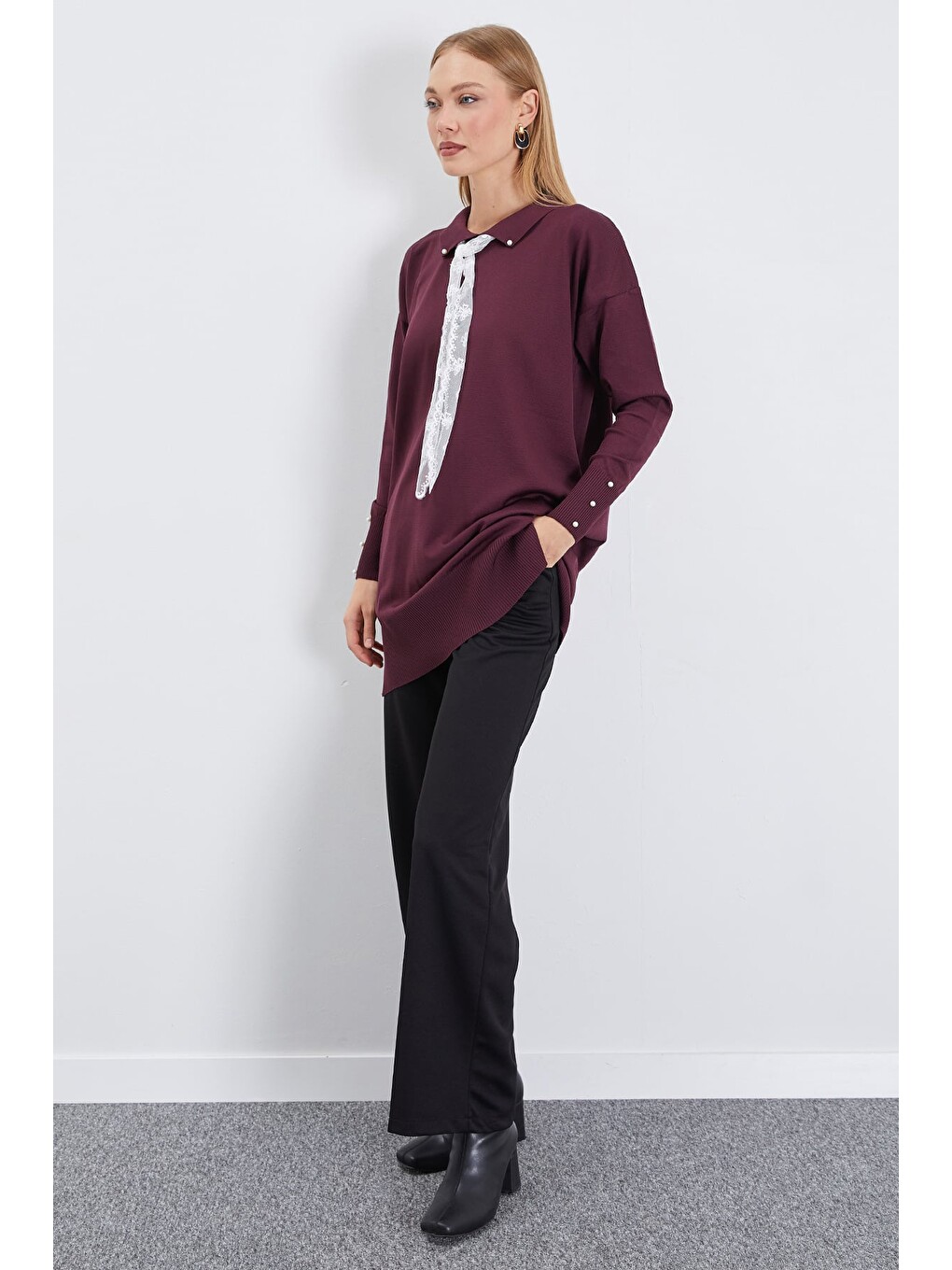 Mürdüm Fullamodest Dantel Fularlı Triko Tunik-3