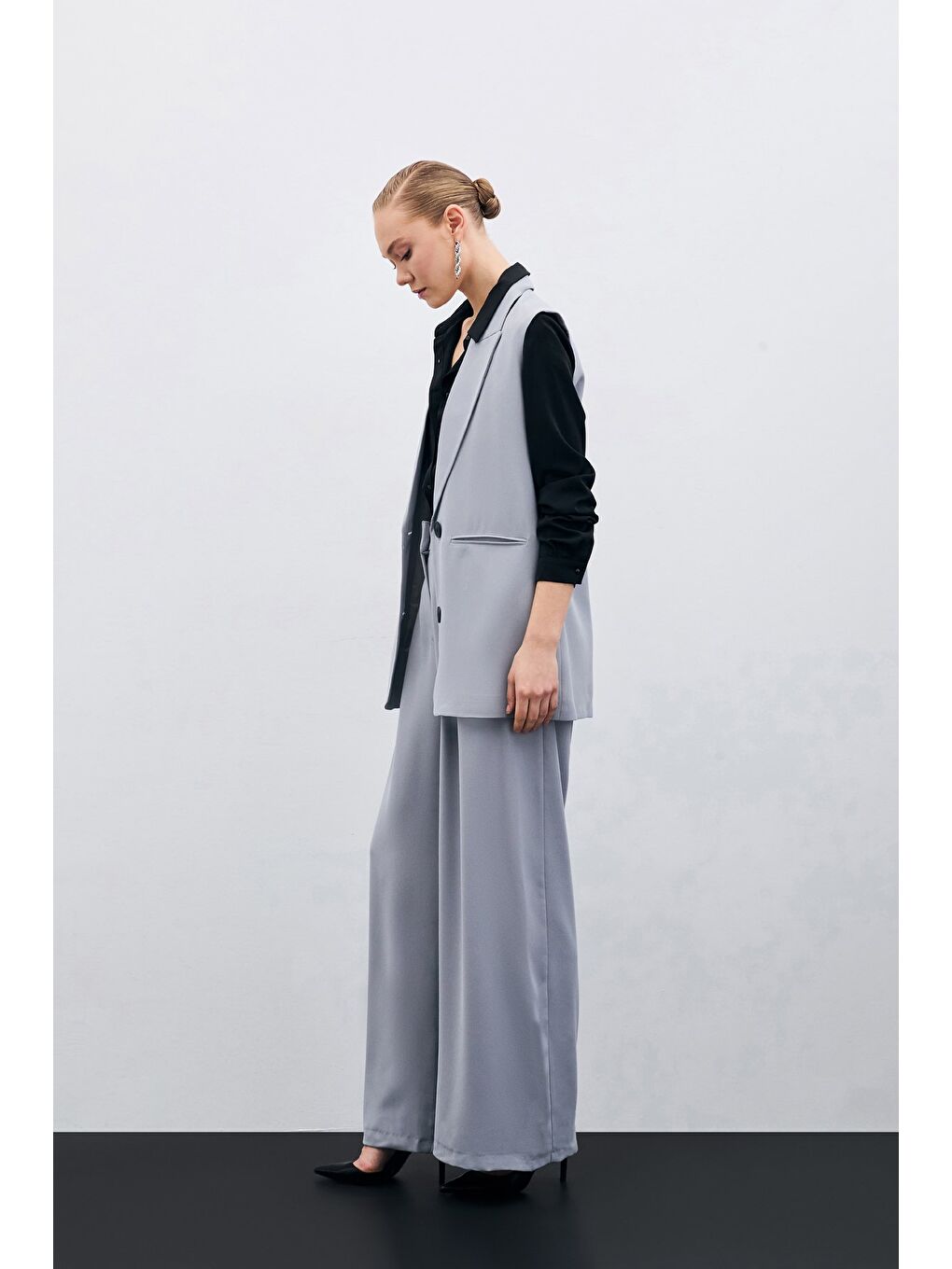 Yüksek Bel Bol Paça Pantolon - Gri-3