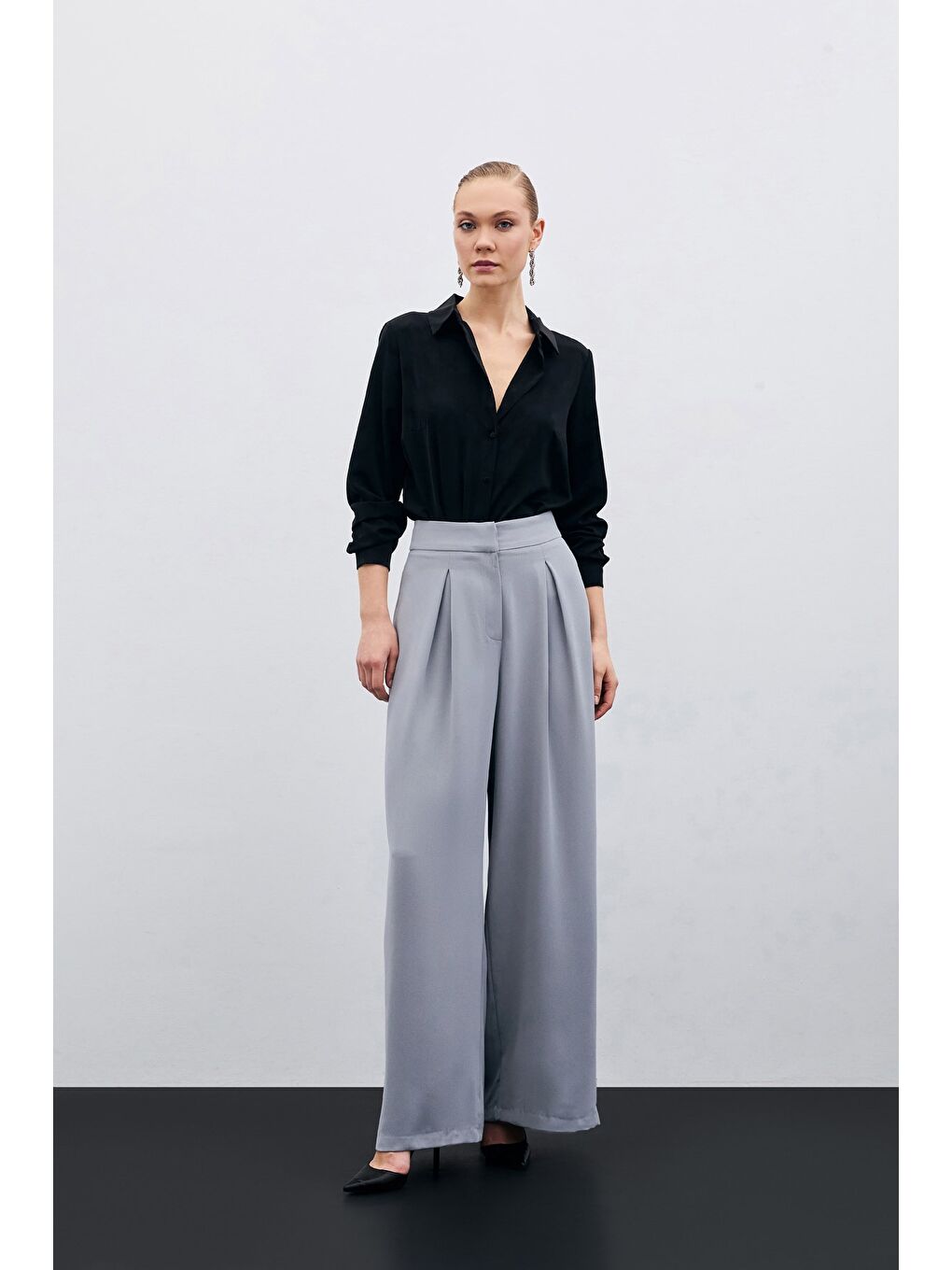 Yüksek Bel Bol Paça Pantolon - Gri-4